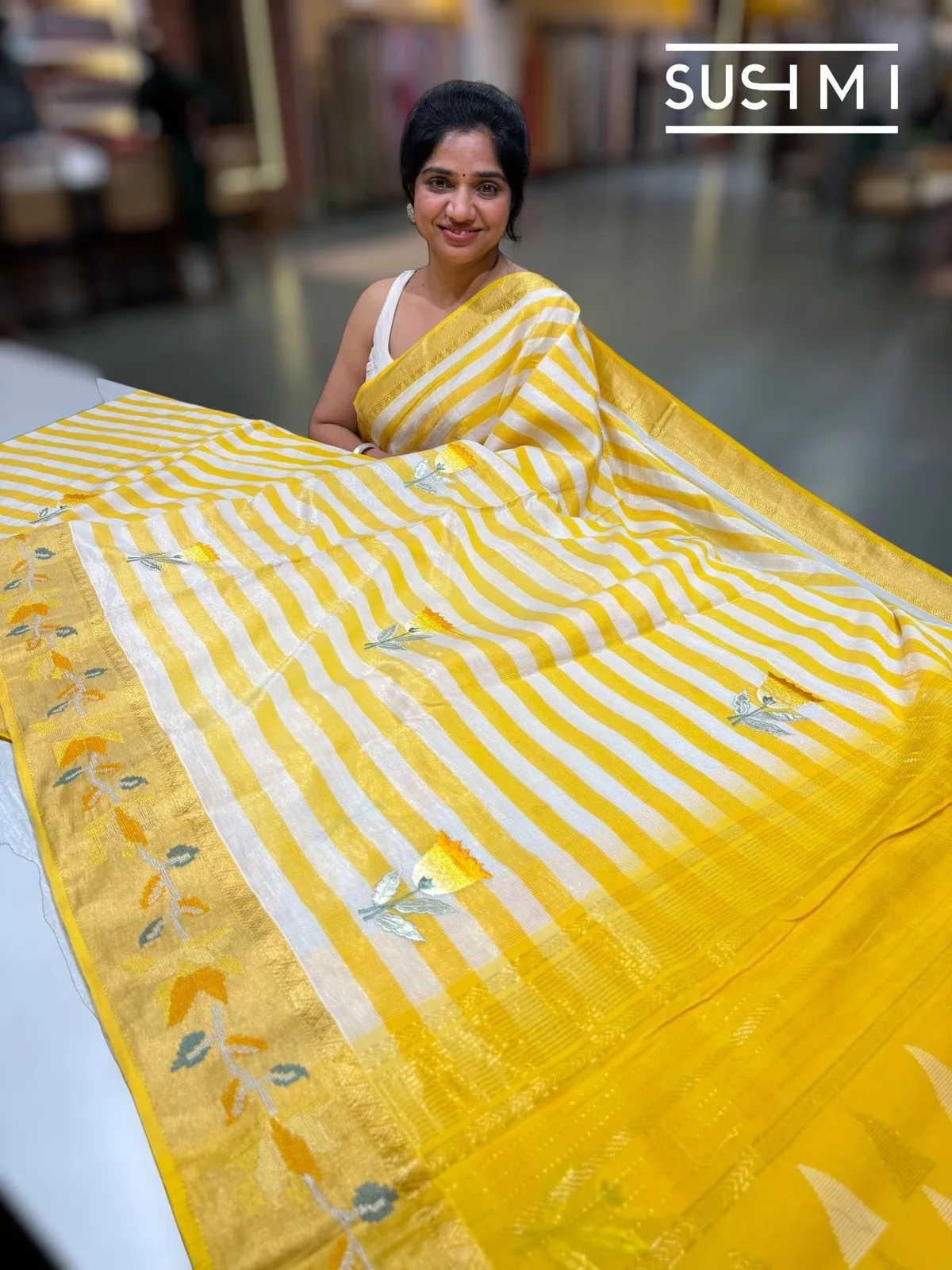 Chanderi Tissue Stripe Saree with Embroidery — Image 6