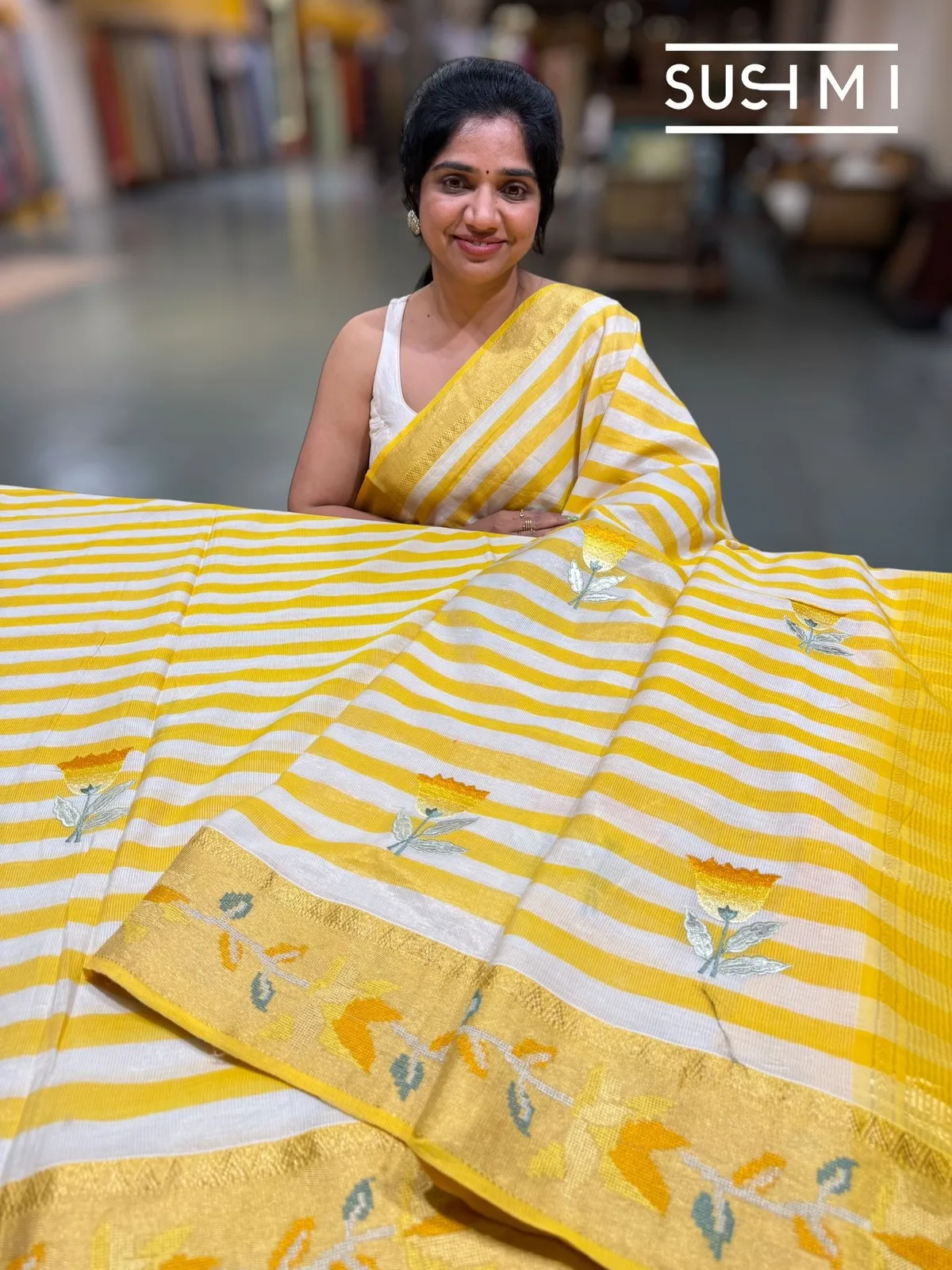 Chanderi Tissue Stripe Saree with Embroidery