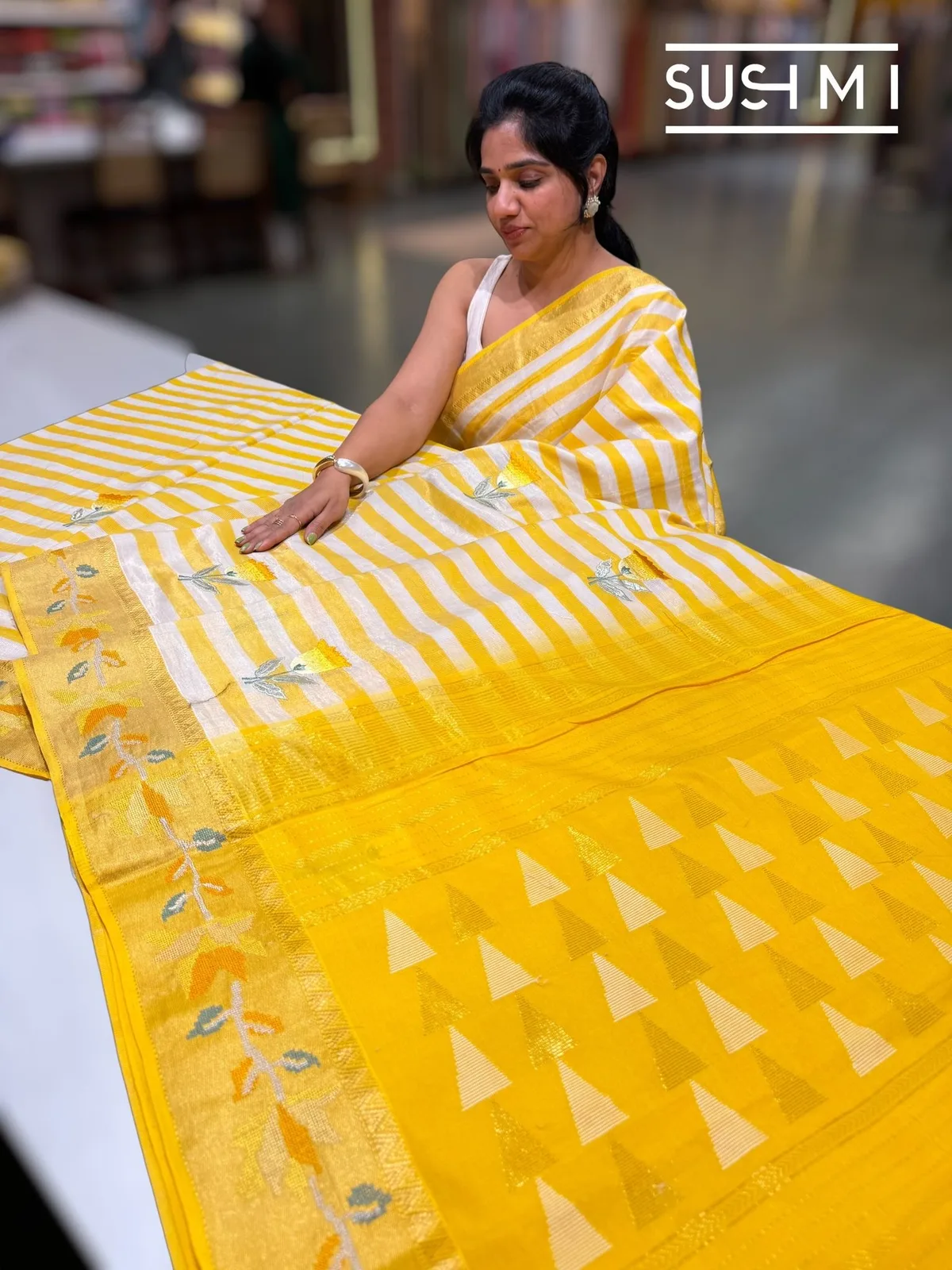 Chanderi Tissue Stripe Saree with Embroidery — Image 5