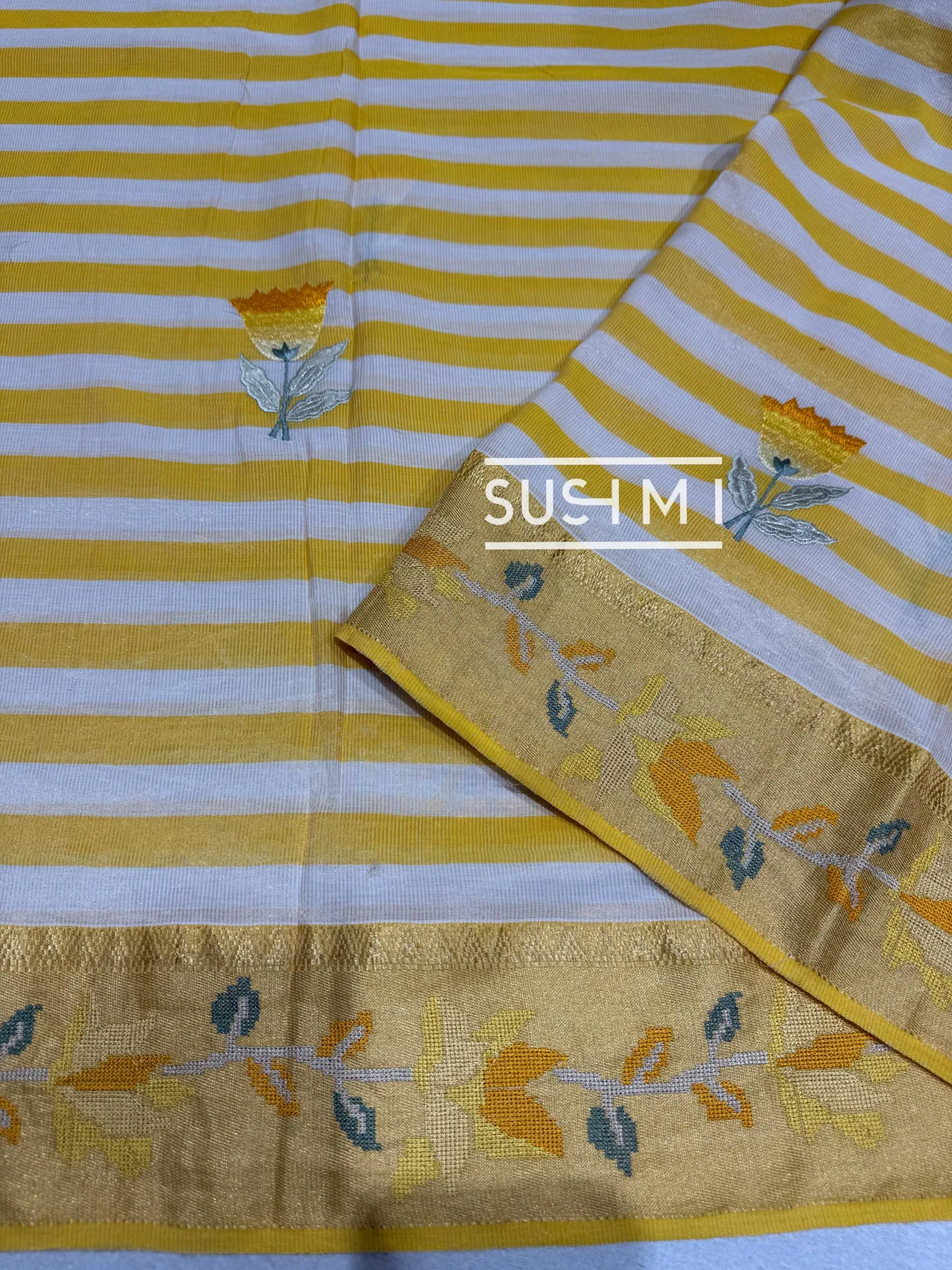Chanderi Tissue Stripe Saree with Embroidery — Image 4