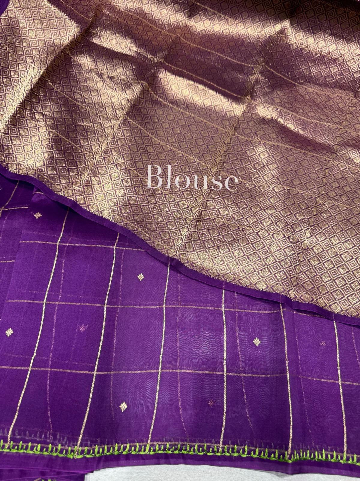 Purple Vintage Kora Banarasi Saree with Fusion Blouse — Image 6