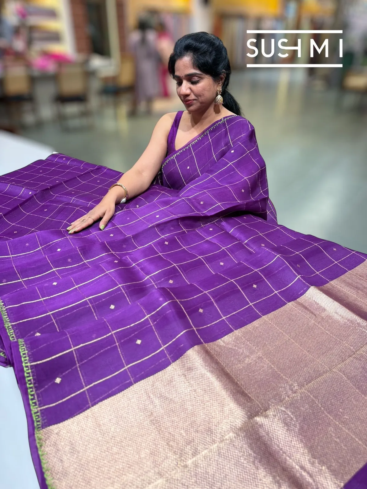 Purple Vintage Kora Banarasi Saree with Fusion Blouse — Image 3