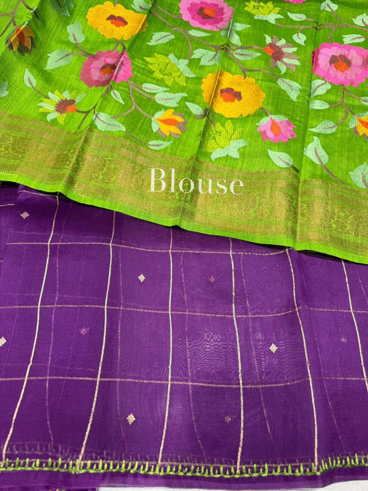 Purple Vintage Kora Banarasi Saree with Fusion Blouse — Image 5