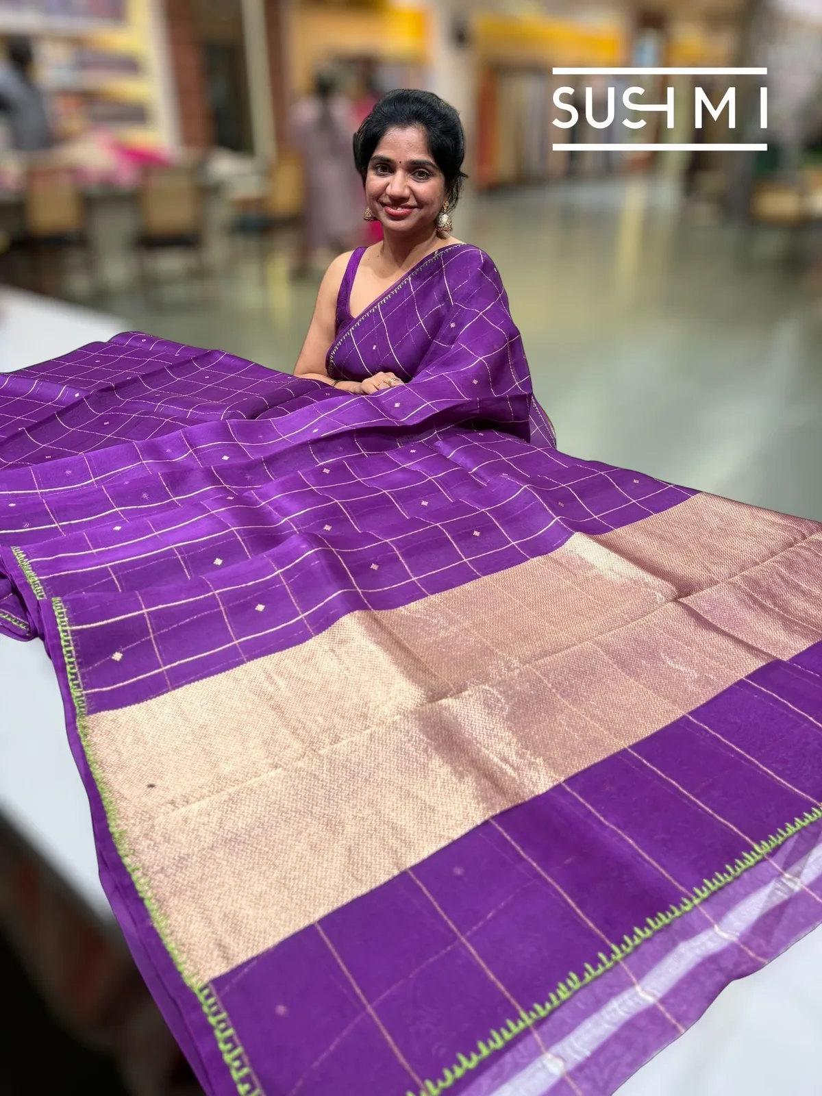 Purple Vintage Kora Banarasi Saree with Fusion Blouse — Image 8