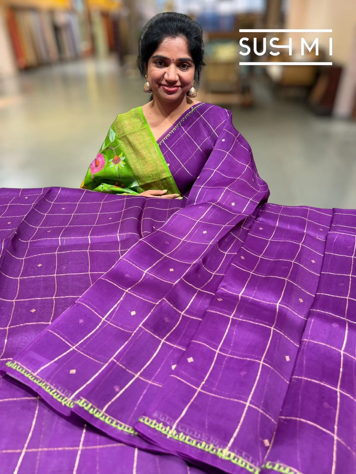 Purple Vintage Kora Banarasi Saree with Fusion Blouse — Image 4