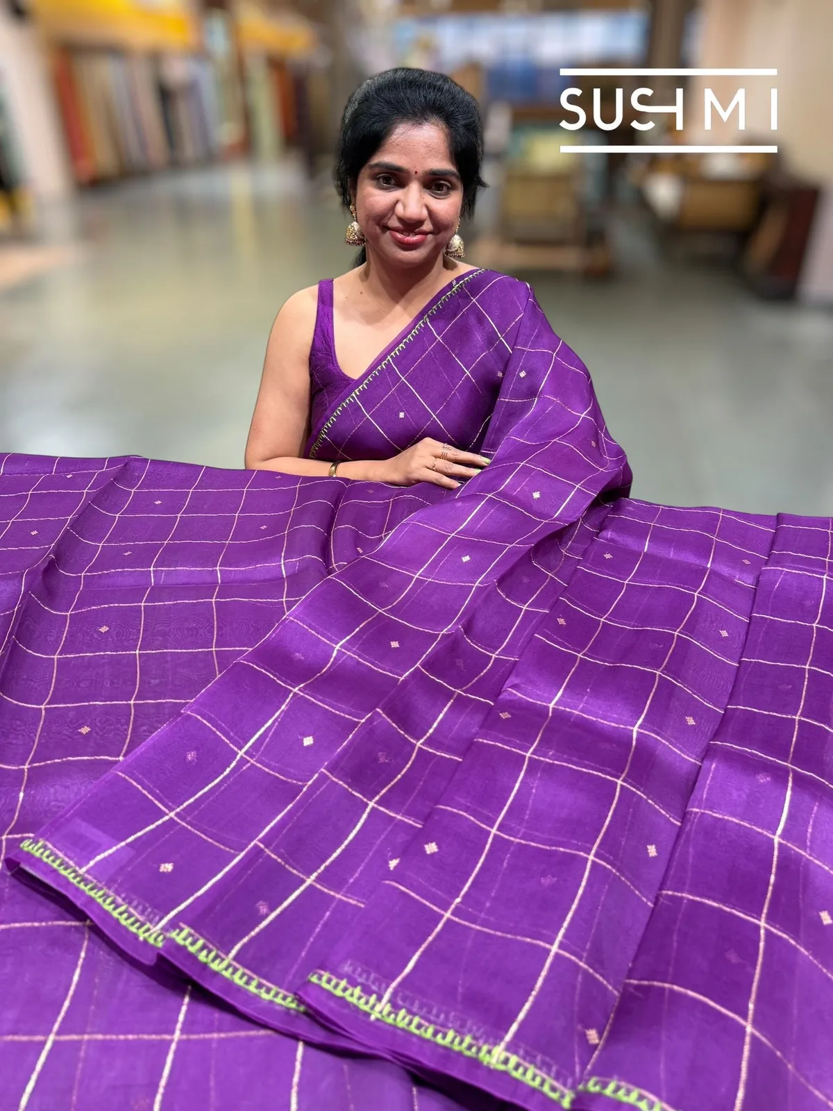 Purple Vintage Kora Banarasi Saree with Fusion Blouse — Image 7