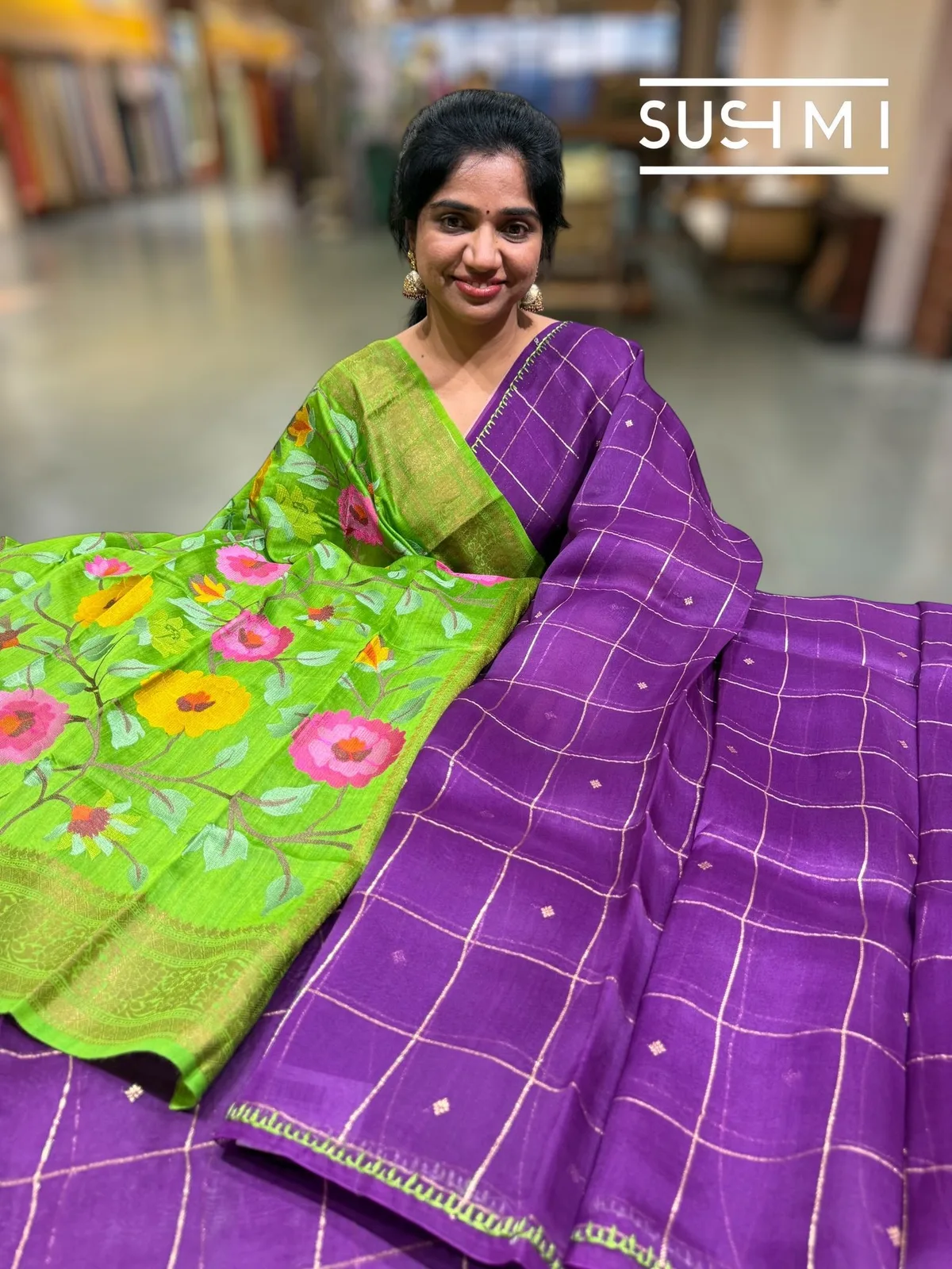 Purple Vintage Kora Banarasi Saree with Fusion Blouse — Image 2