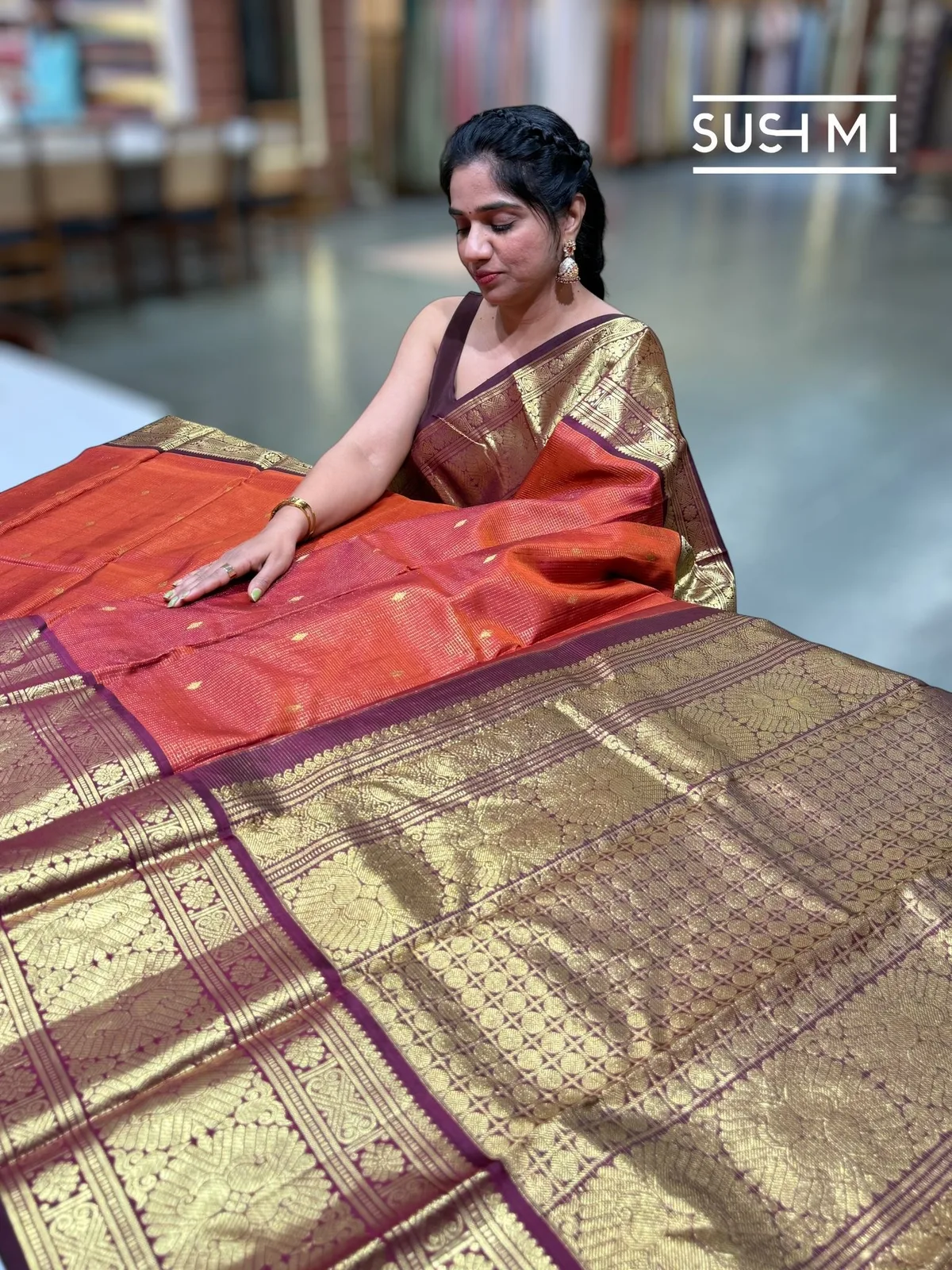 Rust Orange Vintage Checks Kanjeevaram Saree — Image 2