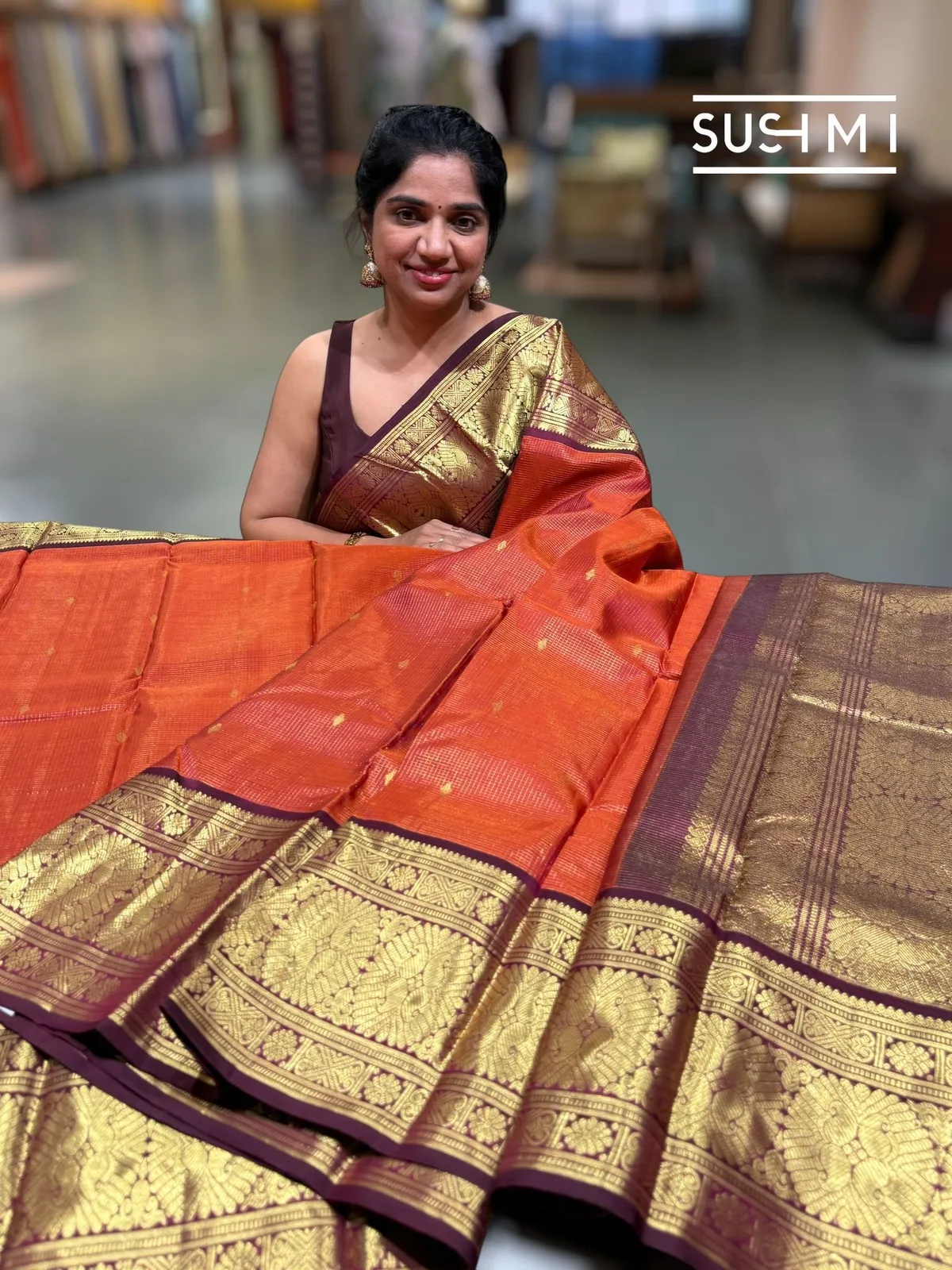 Rust Orange Vintage Checks Kanjeevaram Saree
