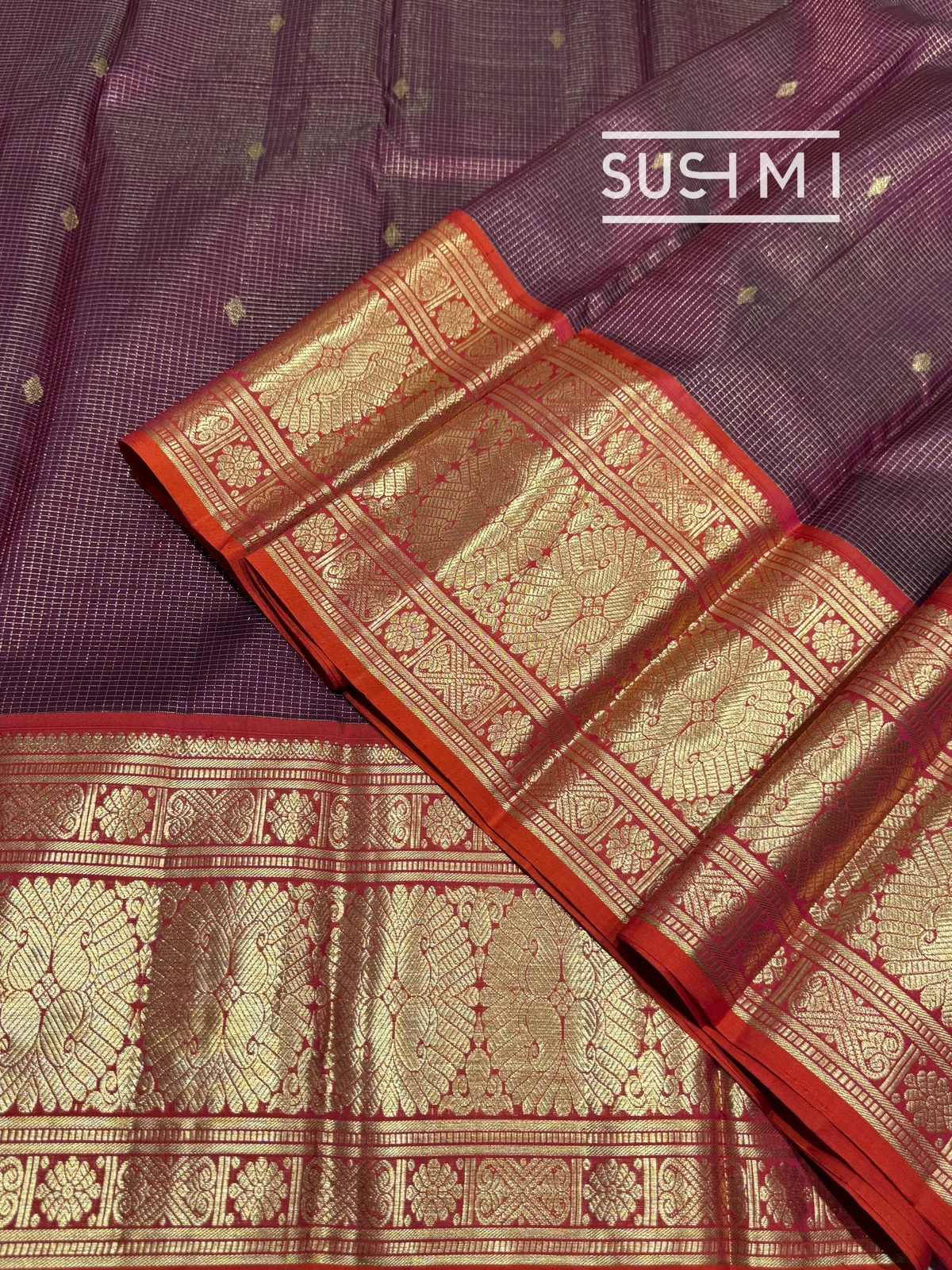 Rust Orange Vintage Checks Kanjeevaram Saree — Image 8