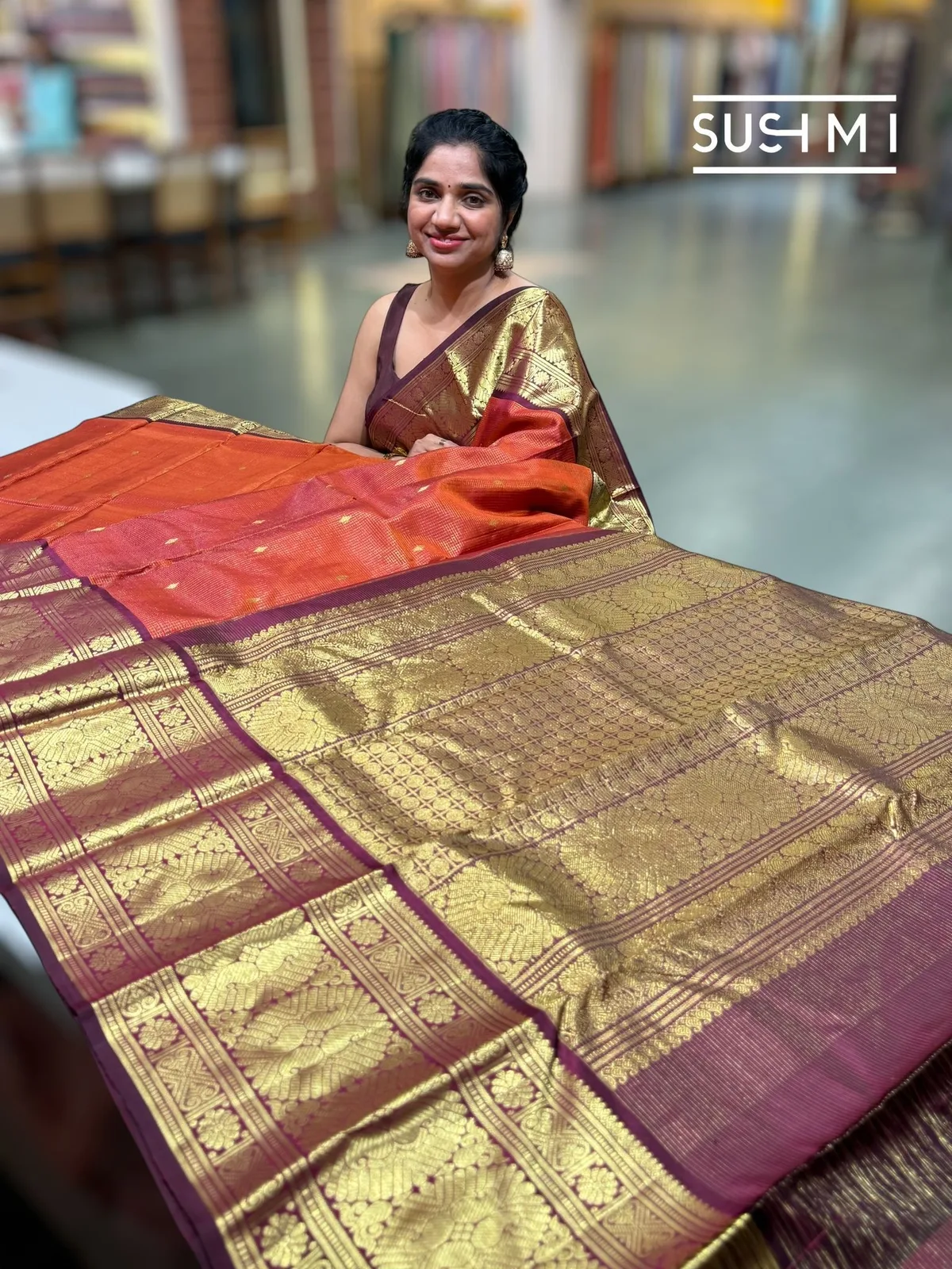 Rust Orange Vintage Checks Kanjeevaram Saree — Image 3