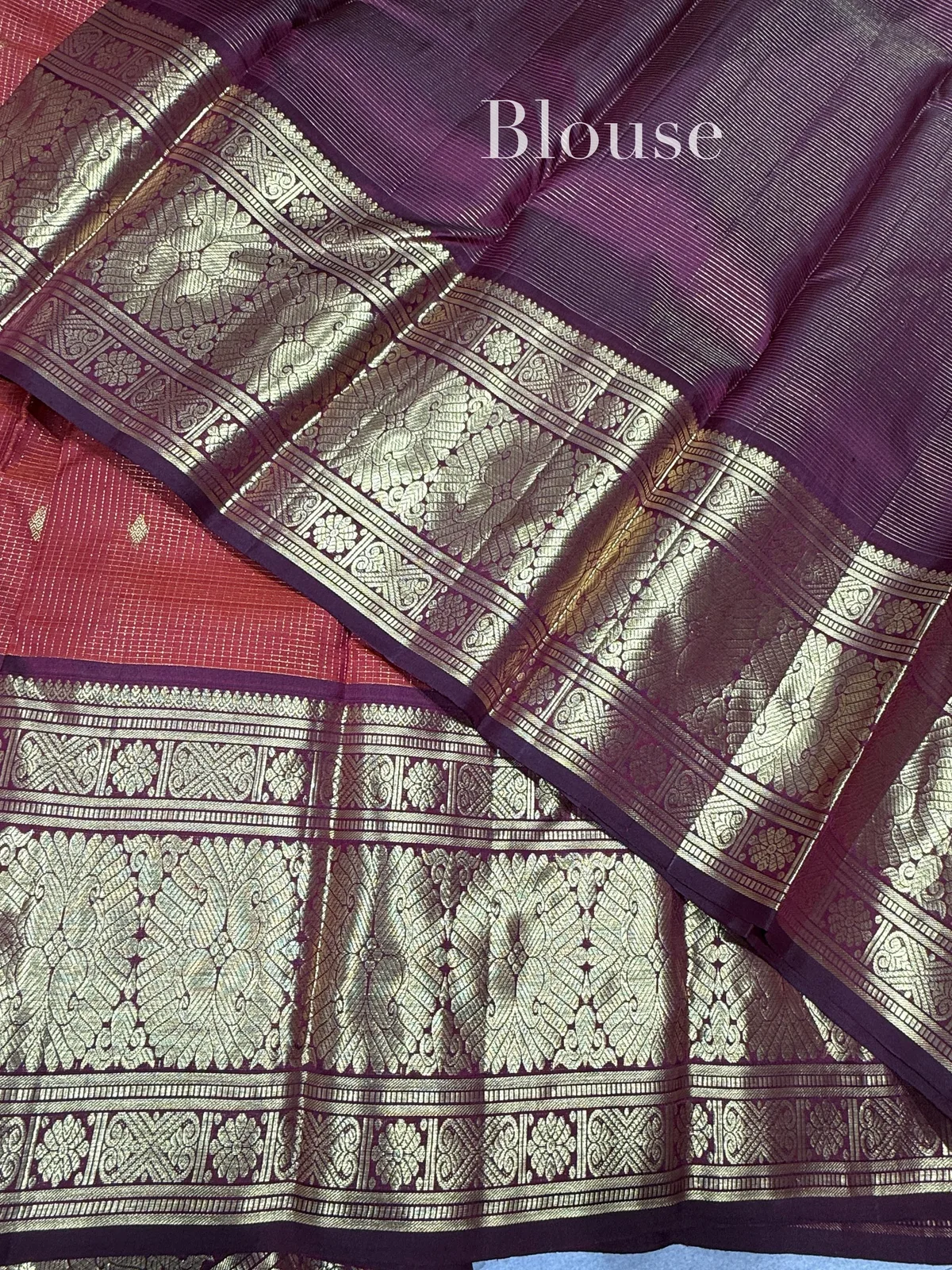 Rust Orange Vintage Checks Kanjeevaram Saree — Image 6