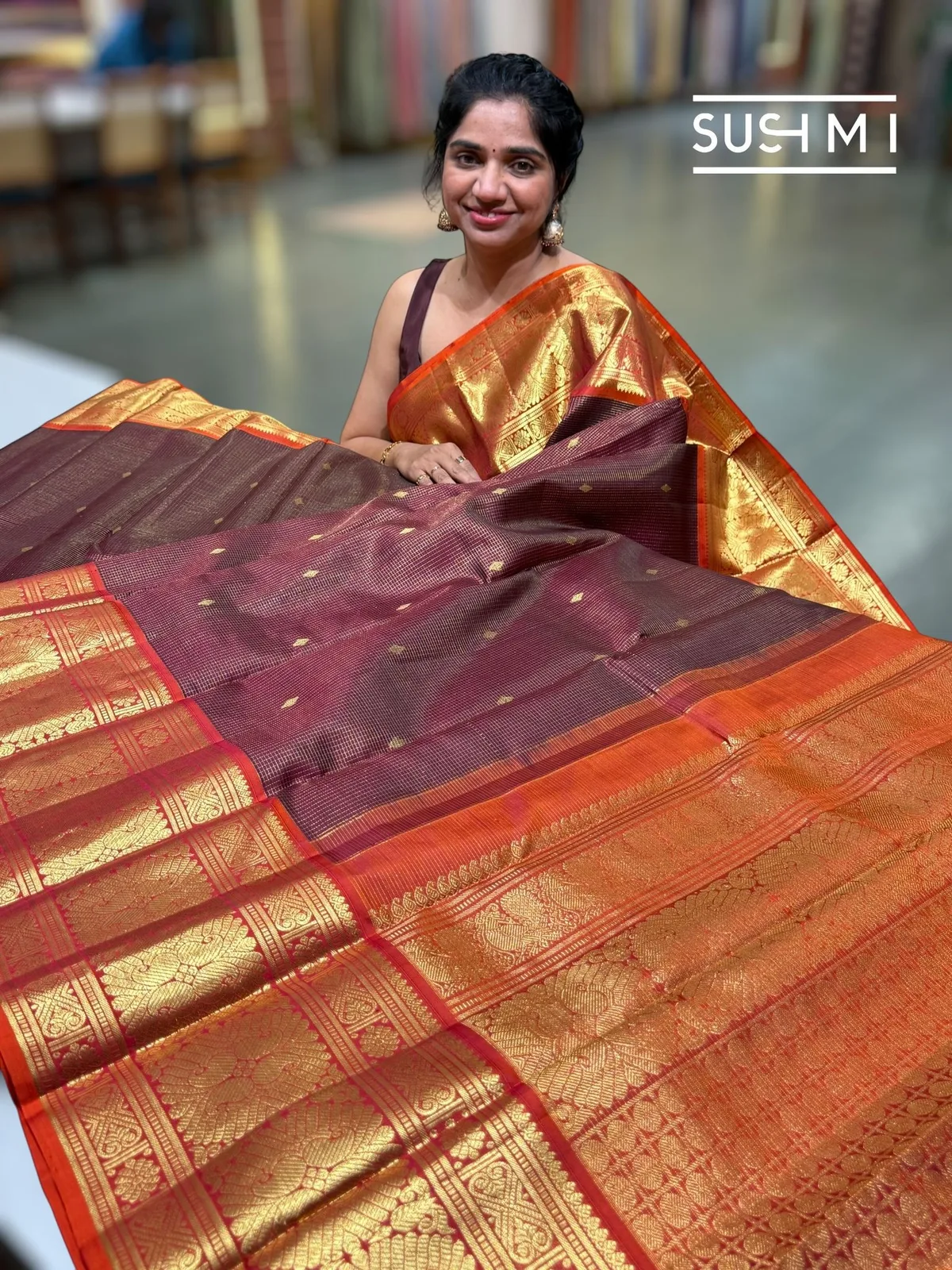 Chocolate Brown Vintage Checks Kanjeevaram Saree — Image 4