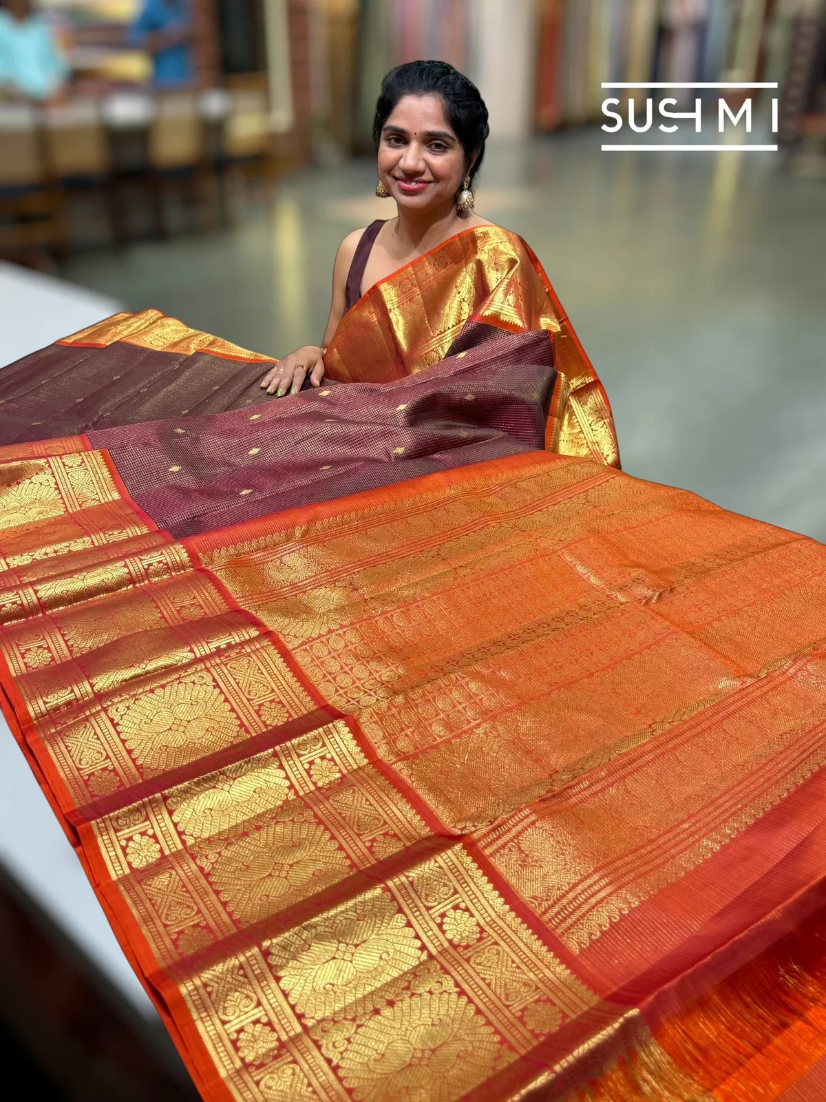 Chocolate Brown Vintage Checks Kanjeevaram Saree