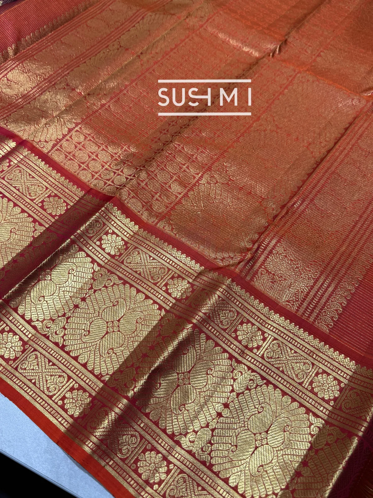 Chocolate Brown Vintage Checks Kanjeevaram Saree — Image 5