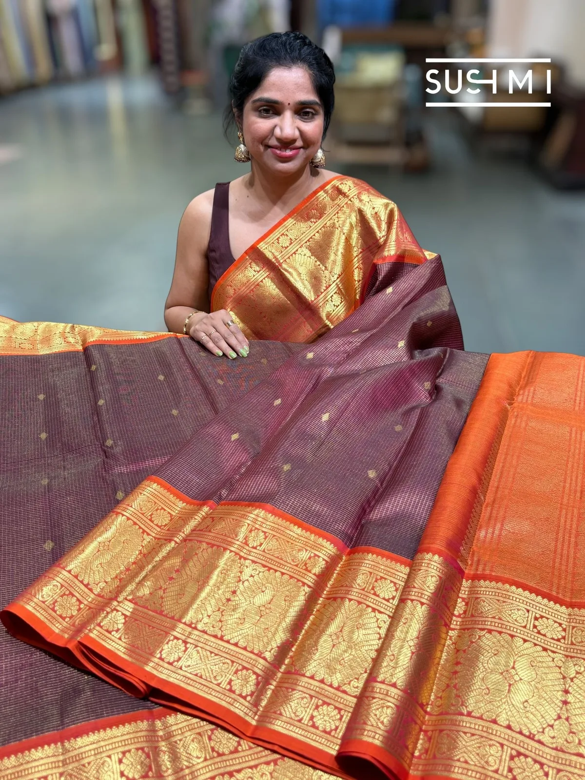 Chocolate Brown Vintage Checks Kanjeevaram Saree — Image 2