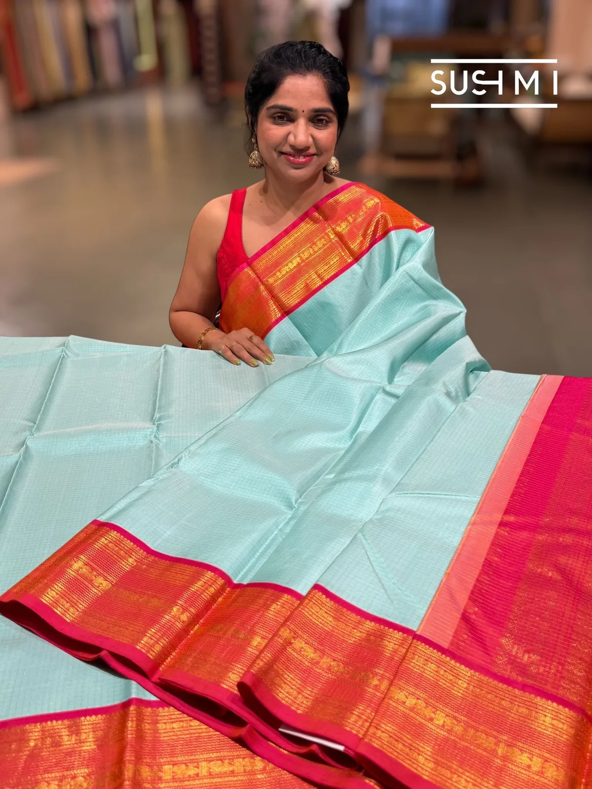 Powder Blue Vintage Checks Kanjeevaram Saree — Image 2