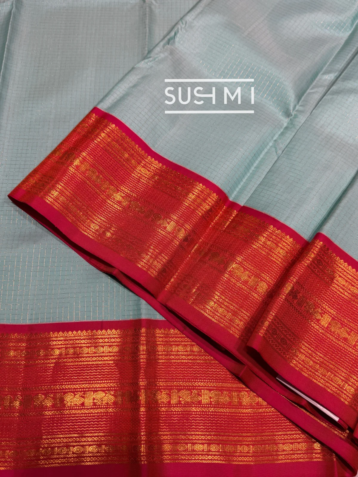 Powder Blue Vintage Checks Kanjeevaram Saree — Image 5