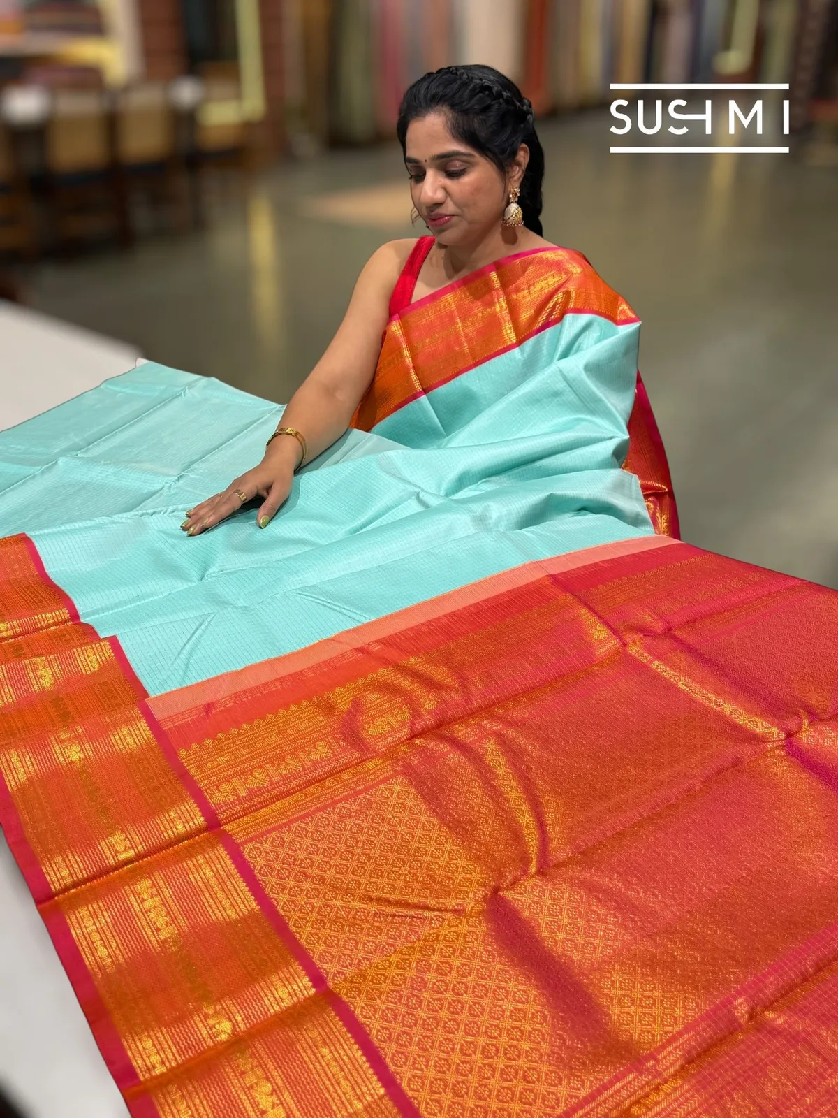 Powder Blue Vintage Checks Kanjeevaram Saree — Image 3