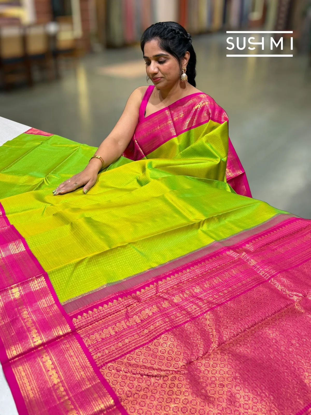 Parrot Green Vintage Checks Kanjeevaram Saree — Image 5