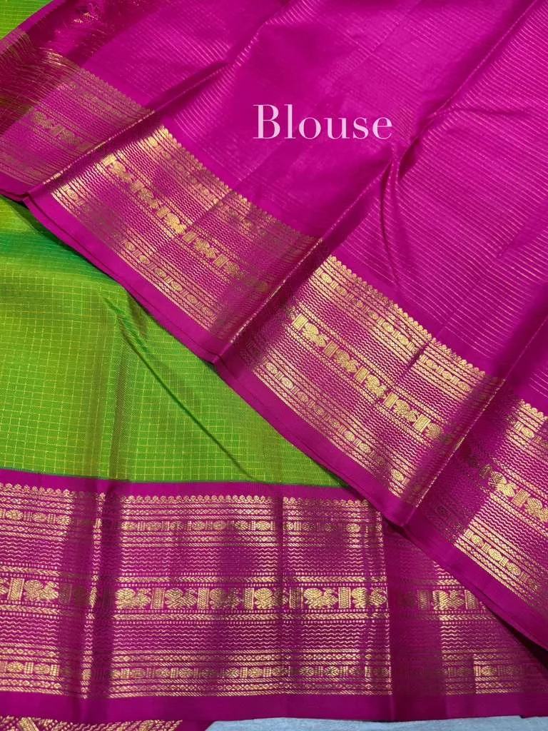 Parrot Green Vintage Checks Kanjeevaram Saree — Image 3