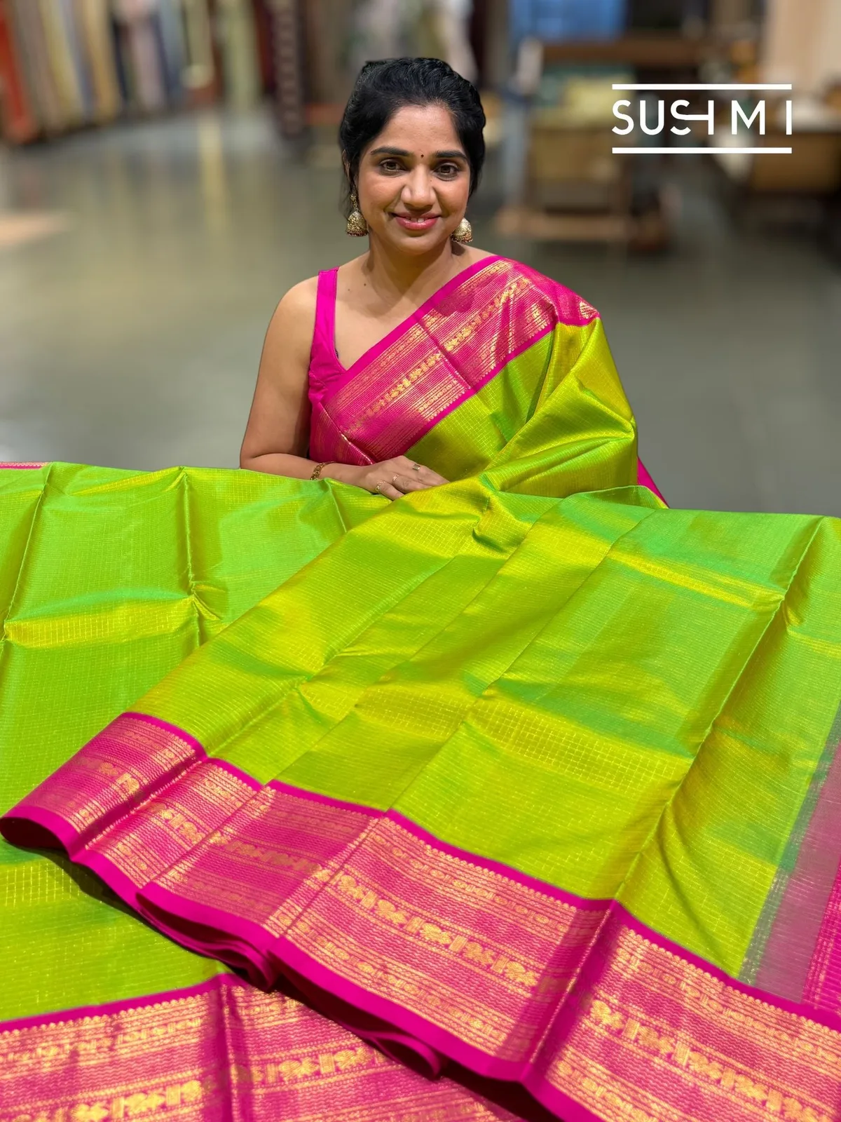 Parrot Green Vintage Checks Kanjeevaram Saree