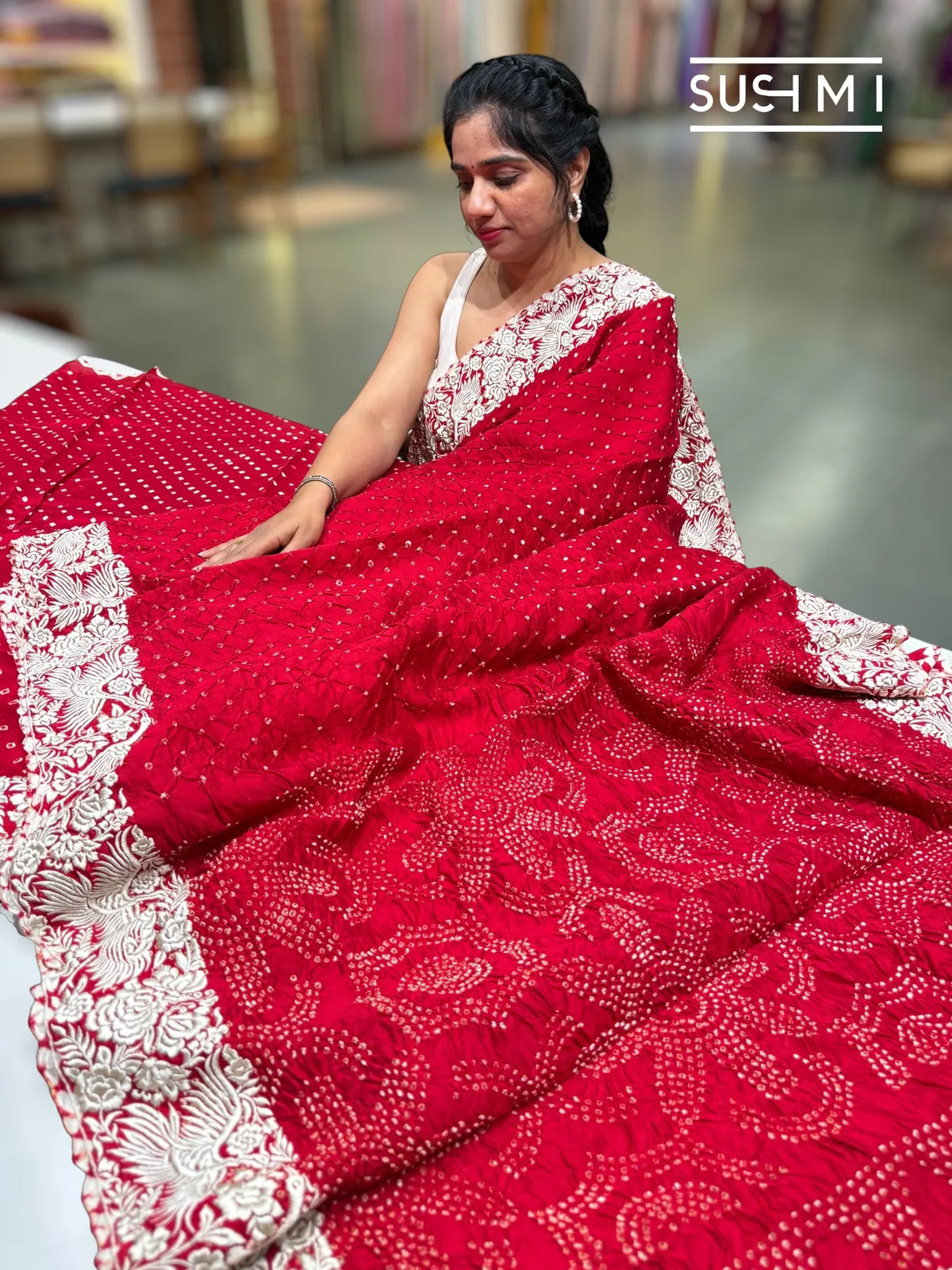 Dark Red Banarasi Bandhej Saree with Parsi gara embroidery — Image 3