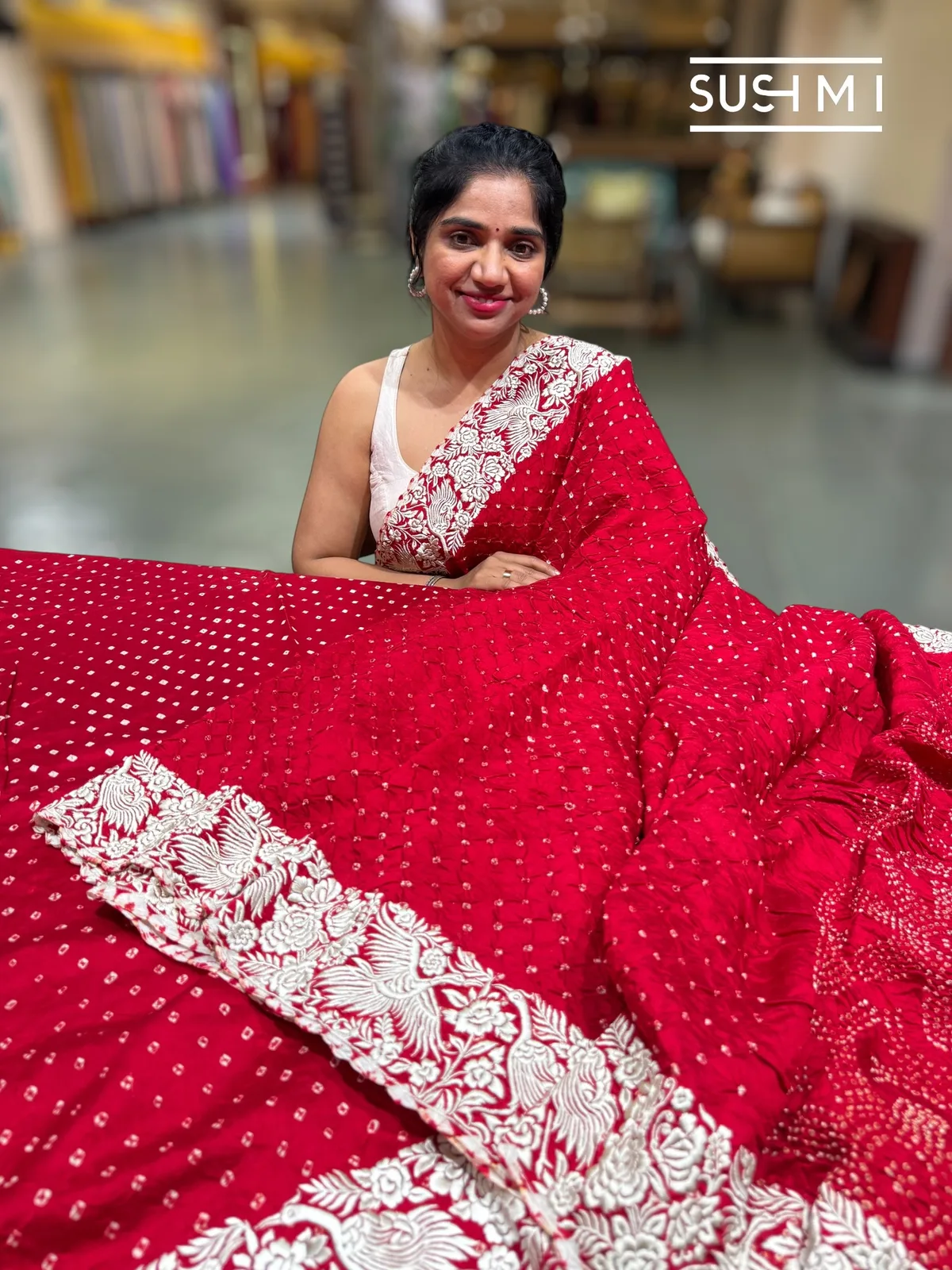 Dark Red Banarasi Bandhej Saree with Parsi gara embroidery — Image 4