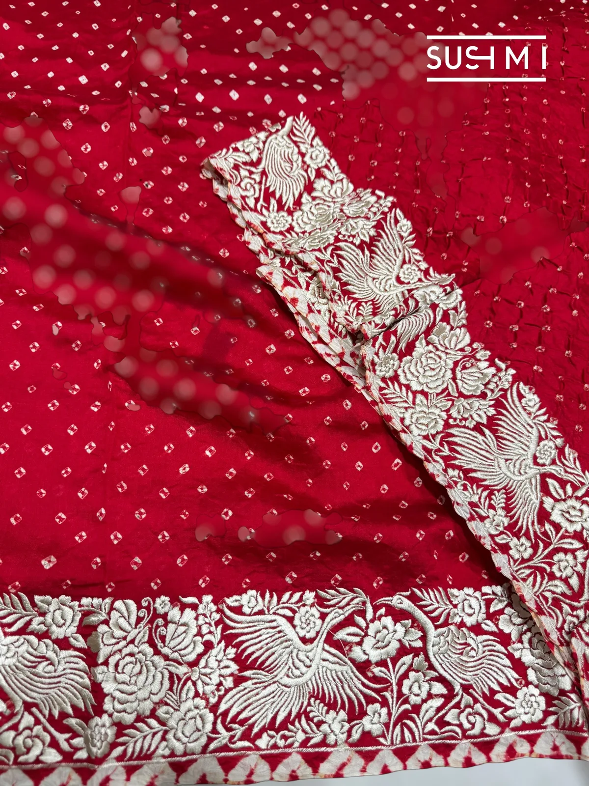Dark Red Banarasi Bandhej Saree with Parsi gara embroidery — Image 6