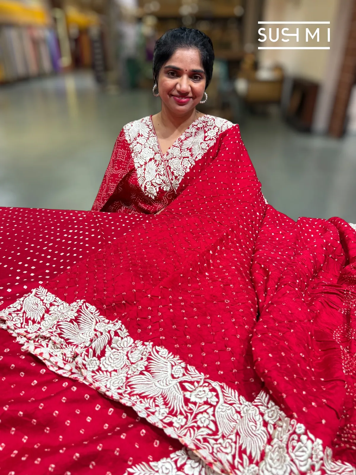 Dark Red Banarasi Bandhej Saree with Parsi gara embroidery — Image 5