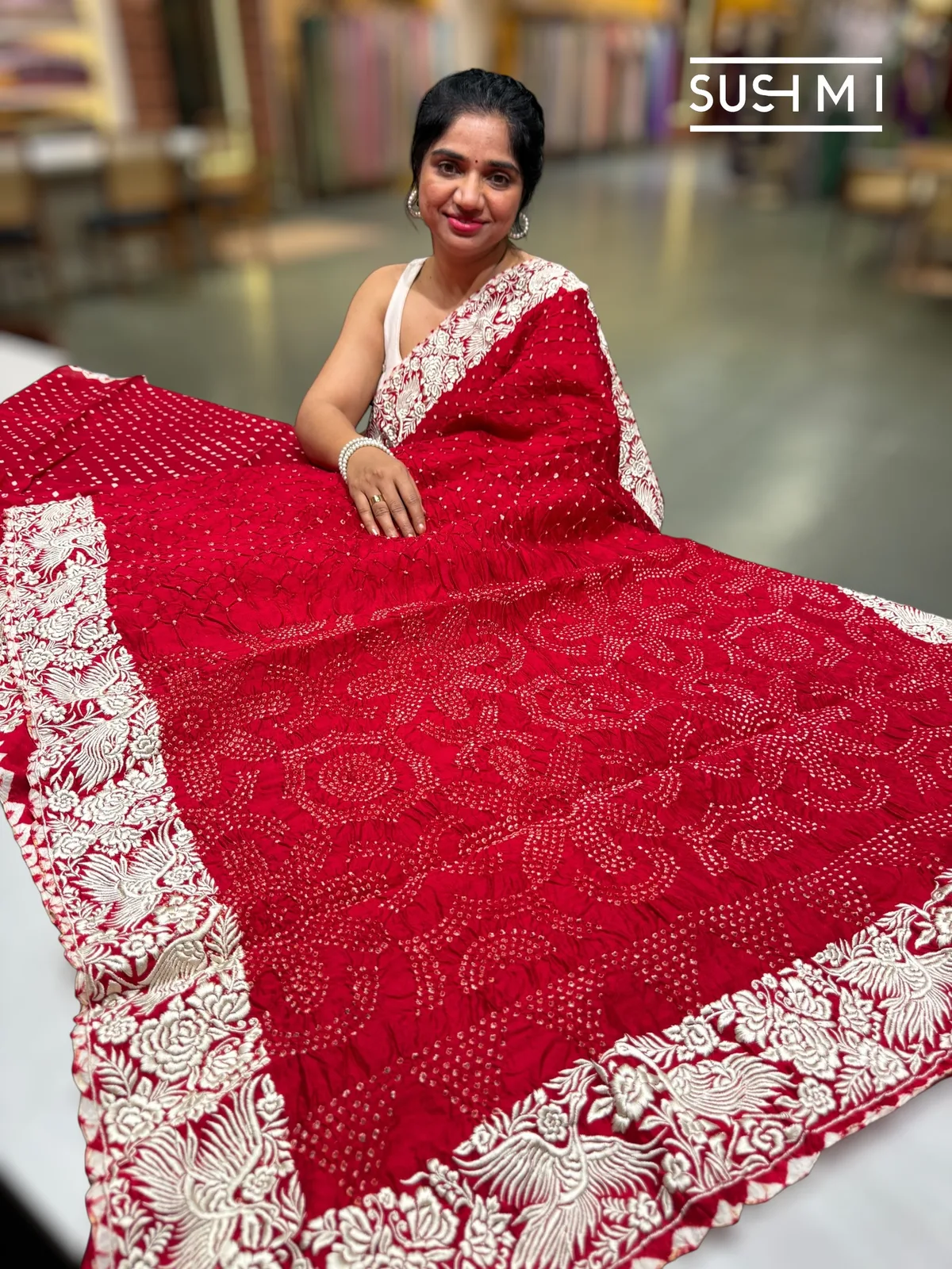 Dark Red Banarasi Bandhej Saree with Parsi gara embroidery — Image 2
