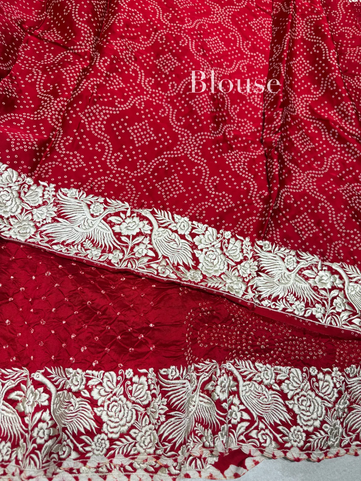 Dark Red Banarasi Bandhej Saree with Parsi gara embroidery — Image 7