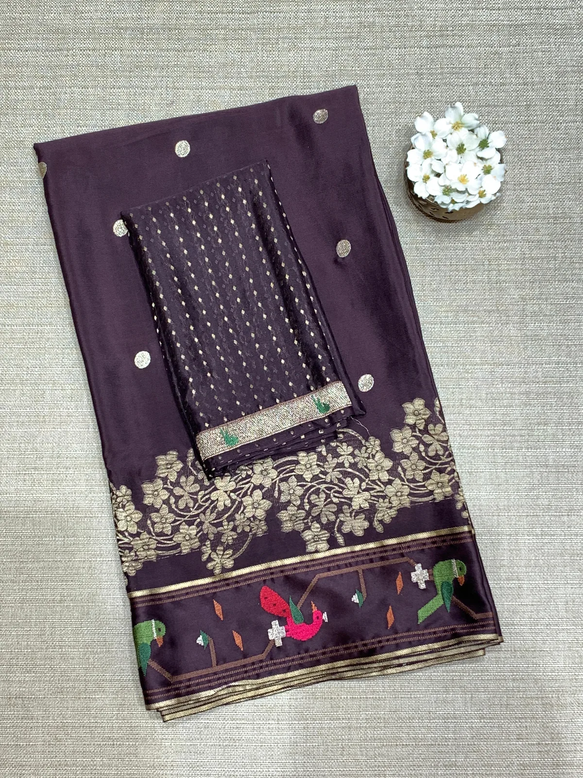 Choclate Brown Mysore Silk Saree with pythani inspired embroidery  — Image 3