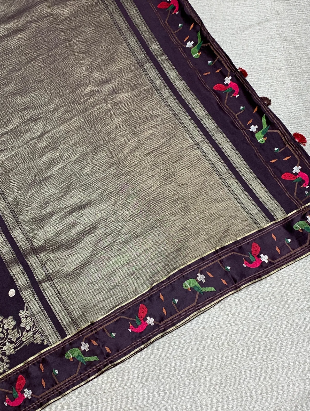 Choclate Brown Mysore Silk Saree with pythani inspired embroidery  — Image 6