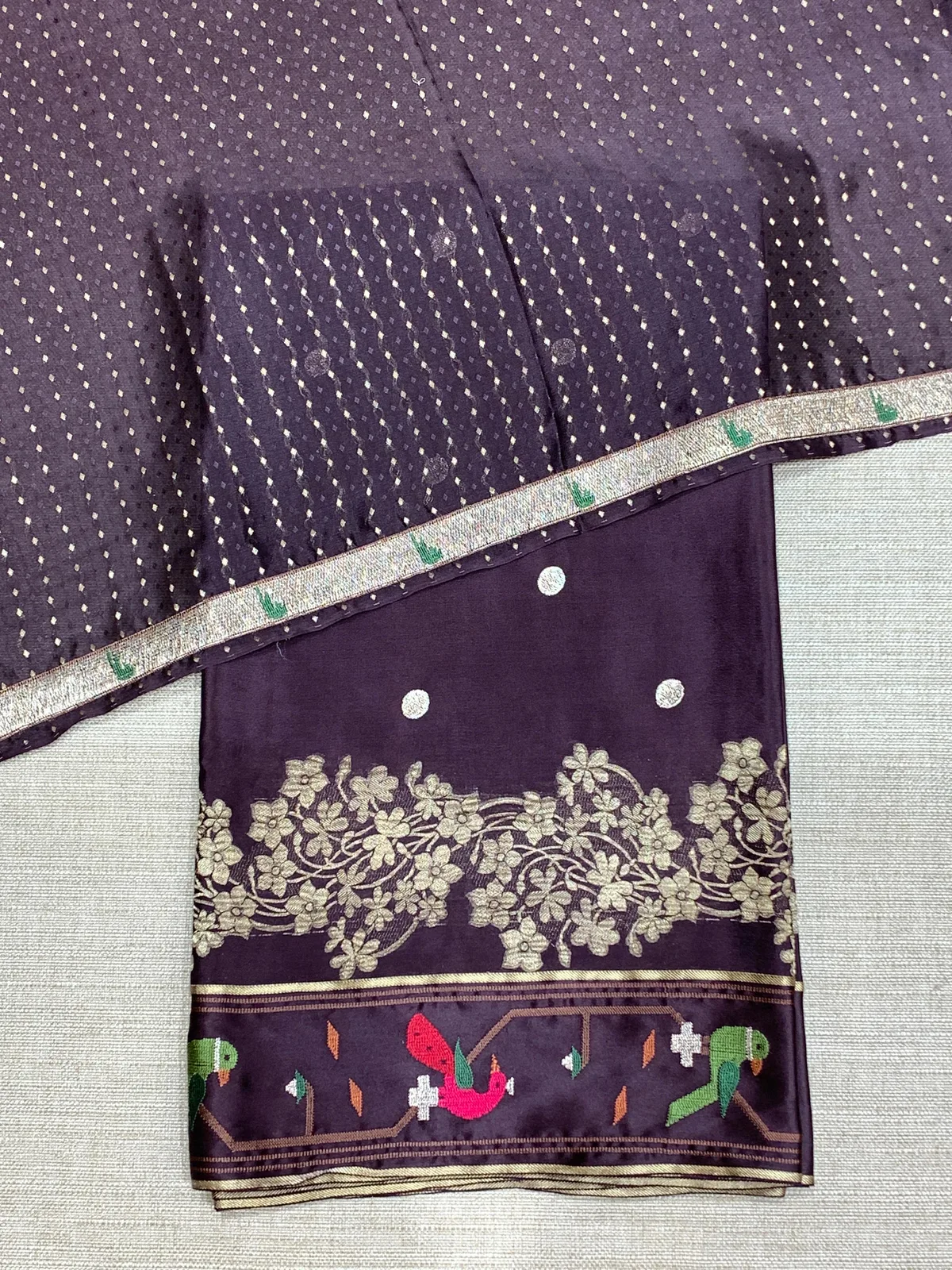 Choclate Brown Mysore Silk Saree with pythani inspired embroidery  — Image 4