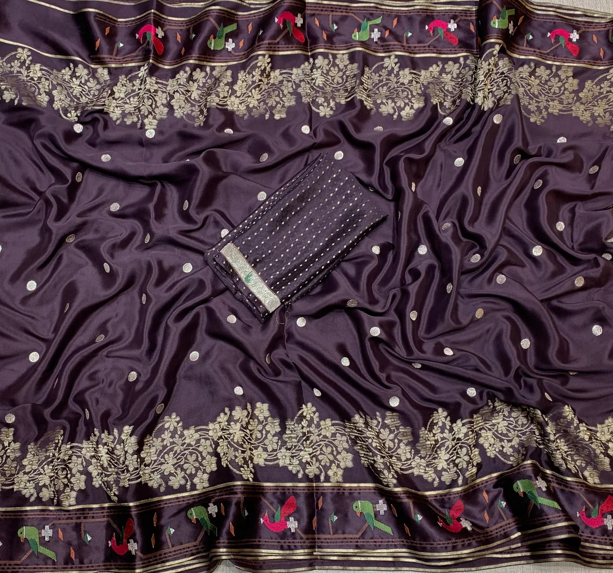 Choclate Brown Mysore Silk Saree with pythani inspired embroidery  — Image 5