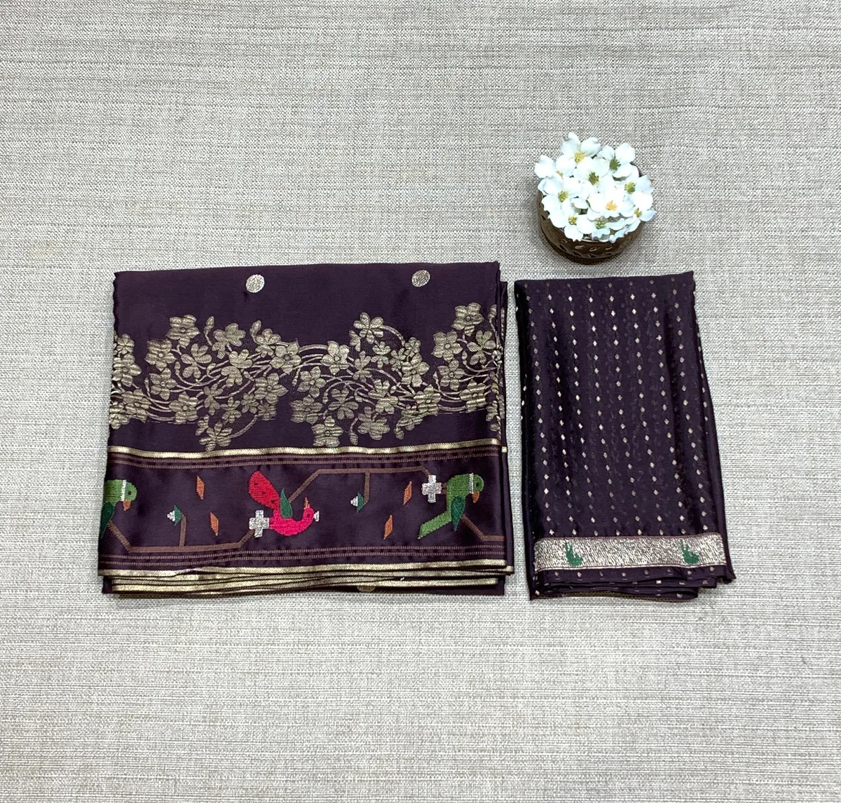 Choclate Brown Mysore Silk Saree with pythani inspired embroidery  — Image 2