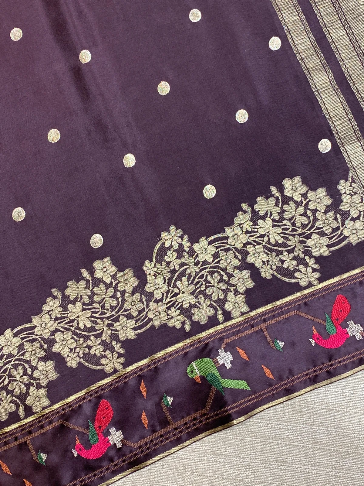 Choclate Brown Mysore Silk Saree with pythani inspired embroidery  — Image 7