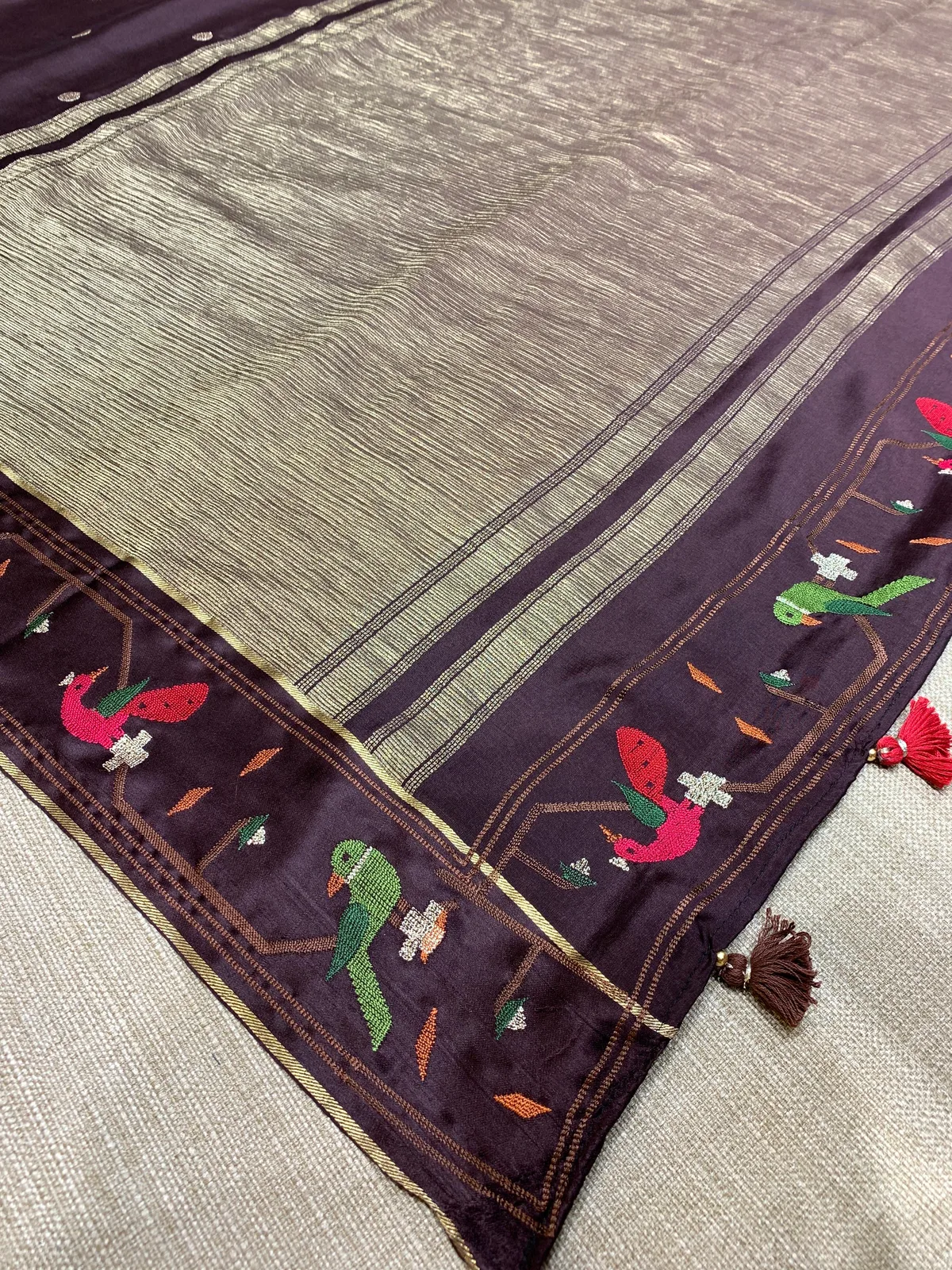 Choclate Brown Mysore Silk Saree with pythani inspired embroidery  — Image 8