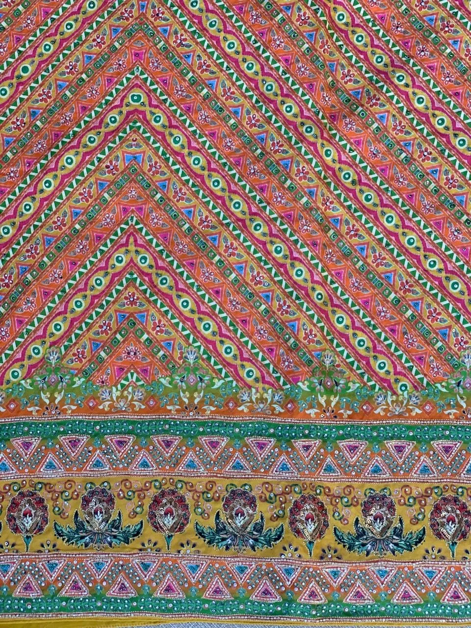 Multi color designer crepe printed saree with handwork — Image 14