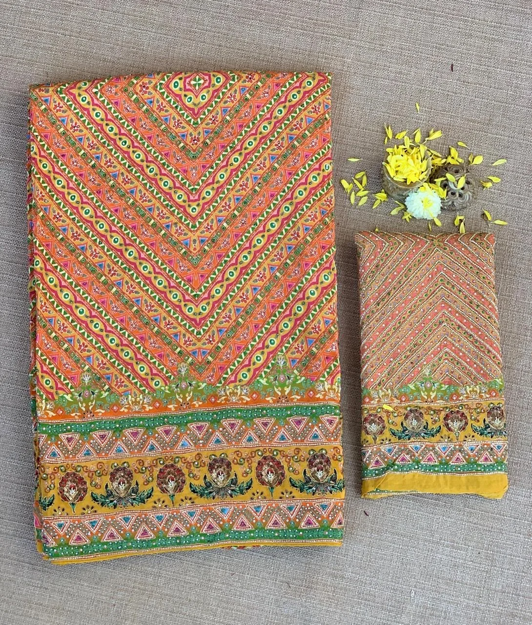 Multi color designer crepe printed saree with handwork — Image 8