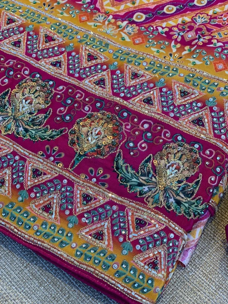 Multi color designer crepe silk saree with handwork — Image 13