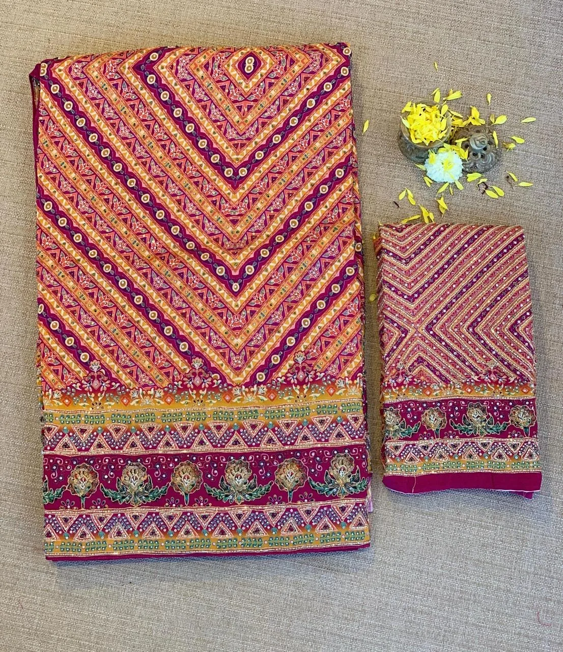 Multi color designer crepe silk saree with handwork — Image 8