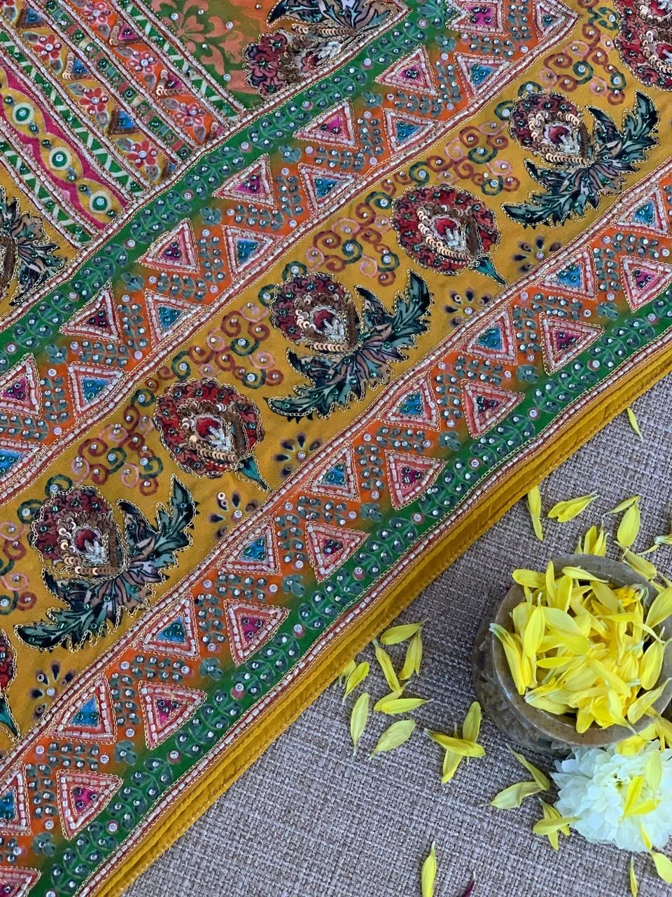 Multi color designer crepe printed saree with handwork — Image 15