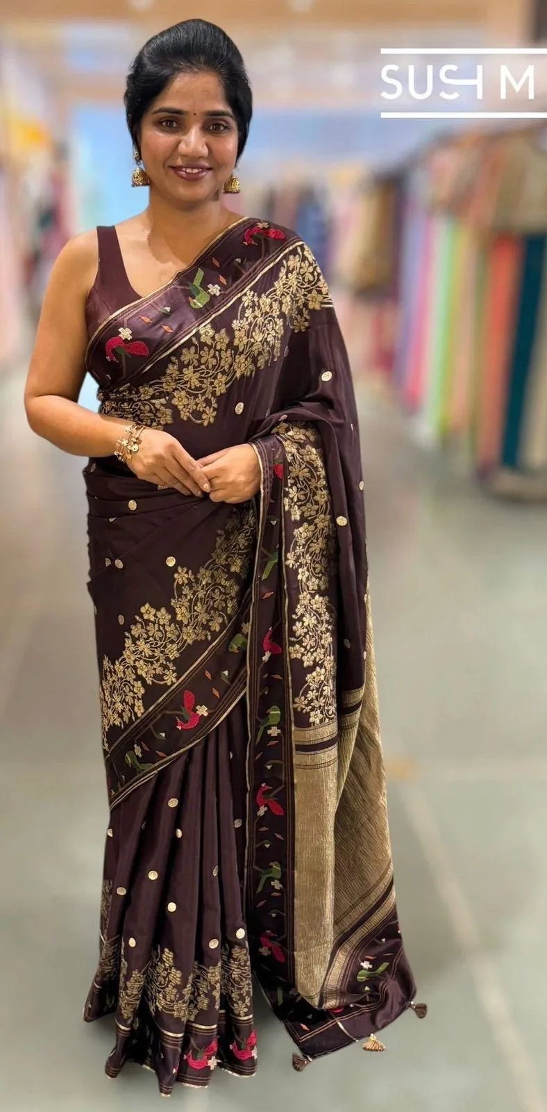 Choclate Brown Mysore Silk Saree with pythani inspired embroidery 