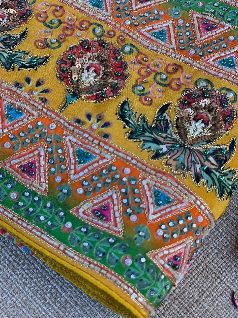 Multi color designer crepe printed saree with handwork — Image 11