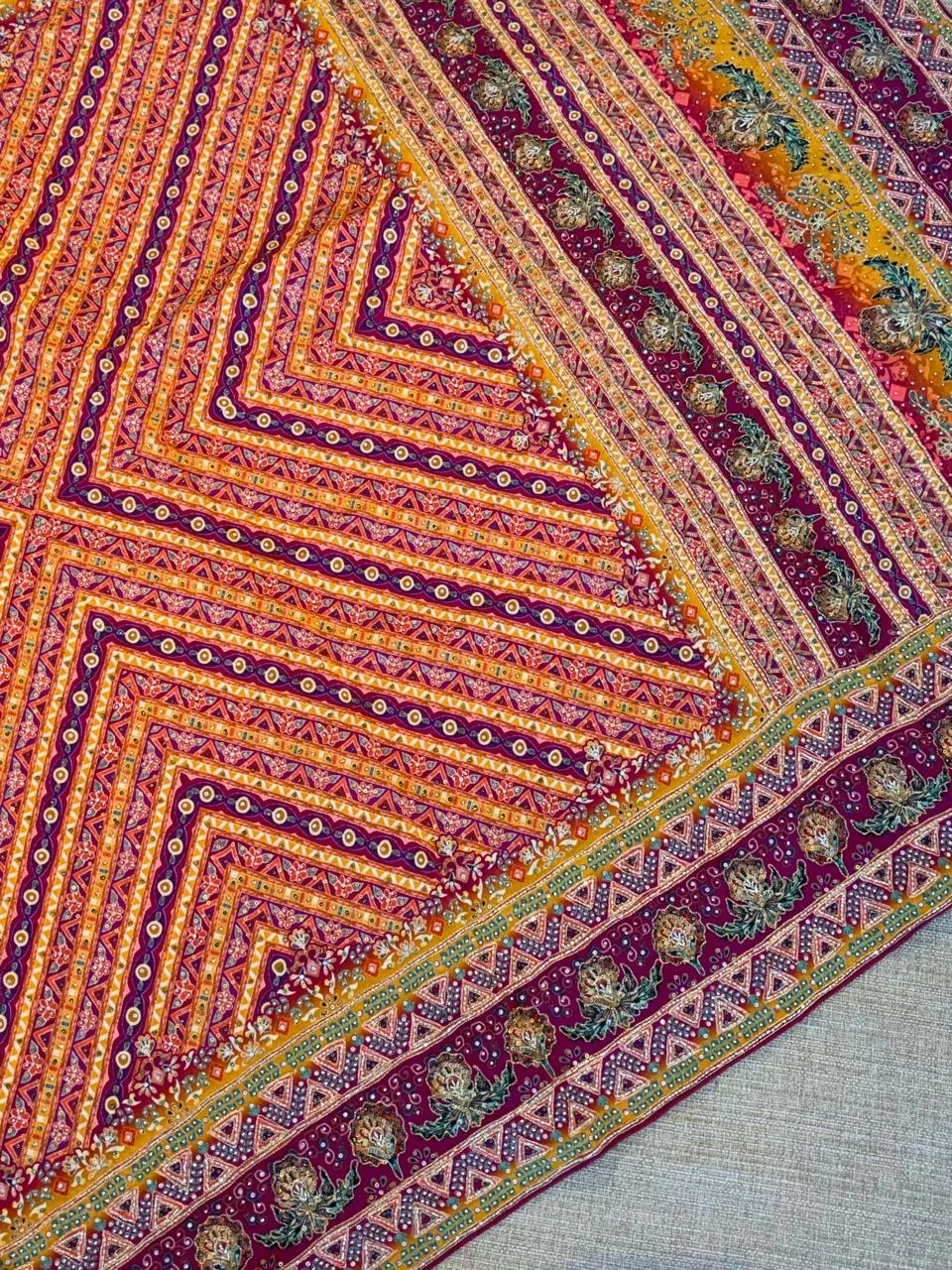 Multi color designer crepe silk saree with handwork — Image 10