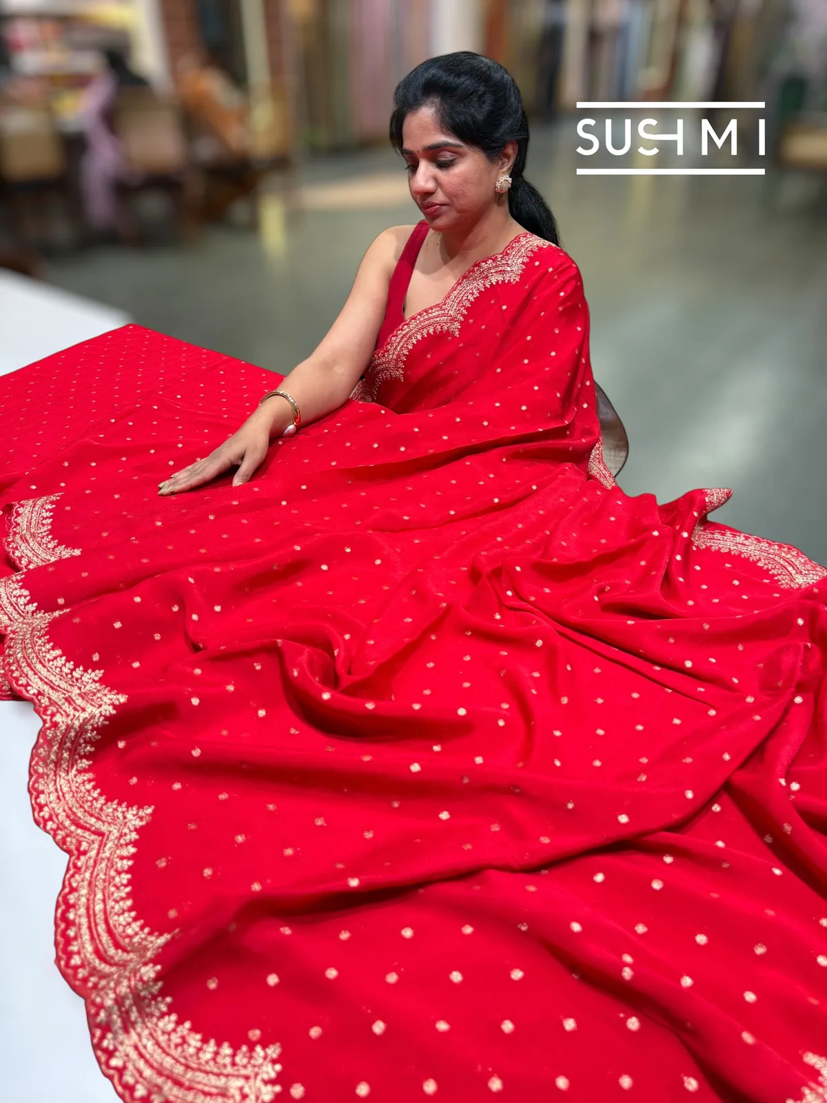 Chilli Red Banarasi Chinnon with fusion blouse  — Image 3