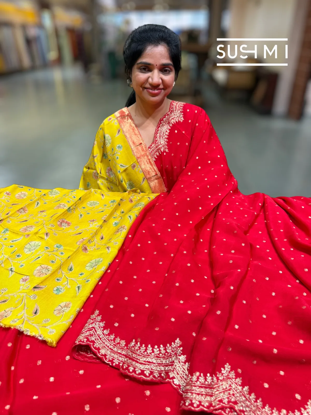 Chilli Red Banarasi Chinnon with fusion blouse 