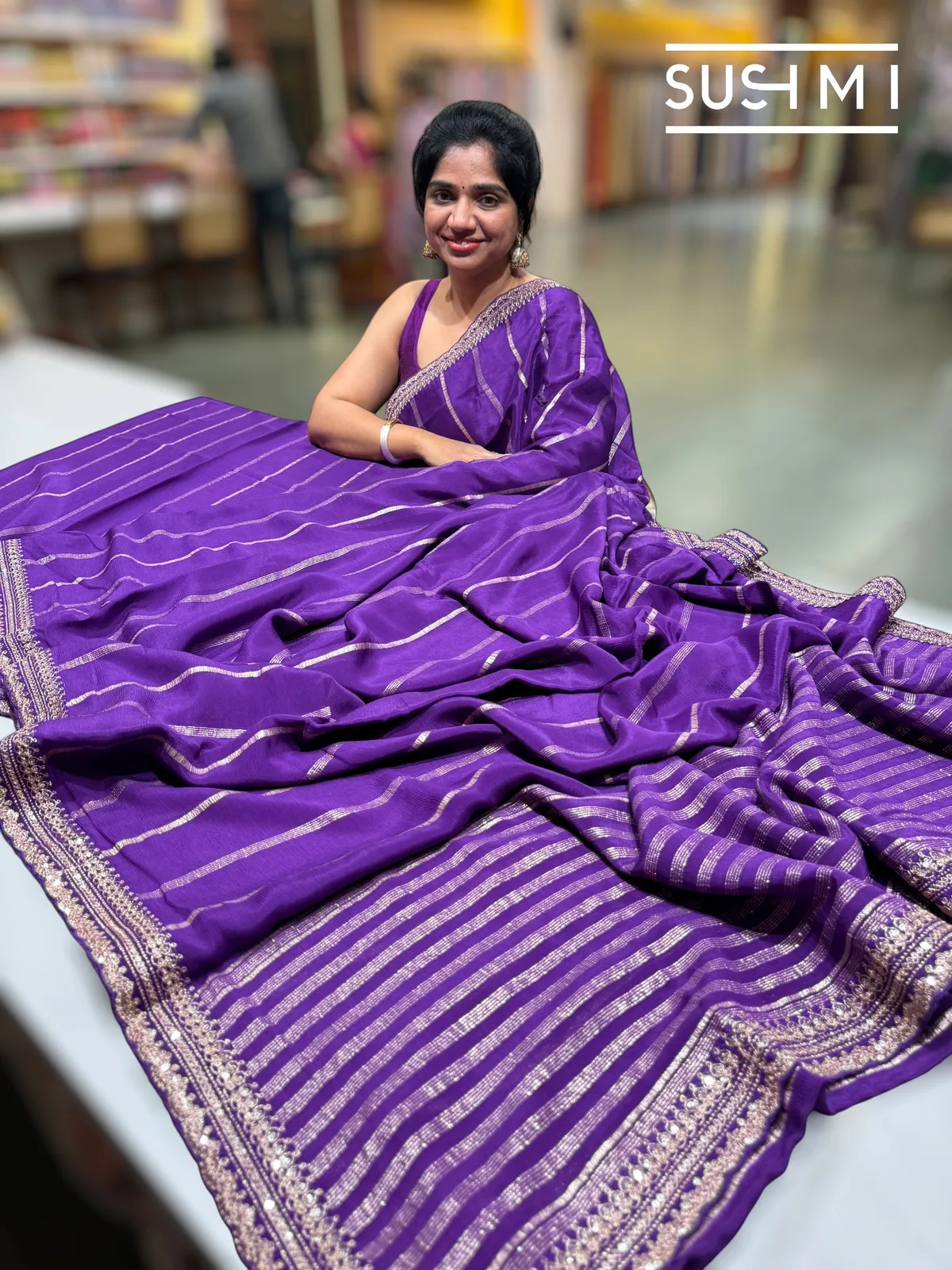 Purple Banarasi Chiffon Saree with heavy embroidered blouse — Image 3